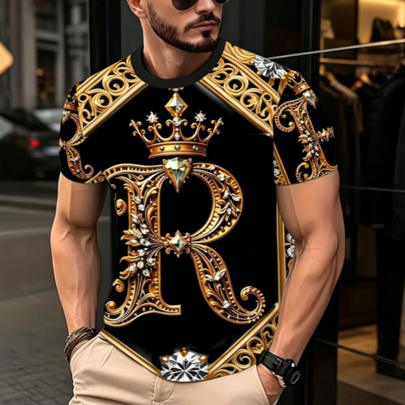 TEMU [printed Design - Not Textured] New Summer Men's Printed T-shirt, Vintage Print Short Sleeve Tee, Diamond Crown Letter "r" Pattern, Breathable