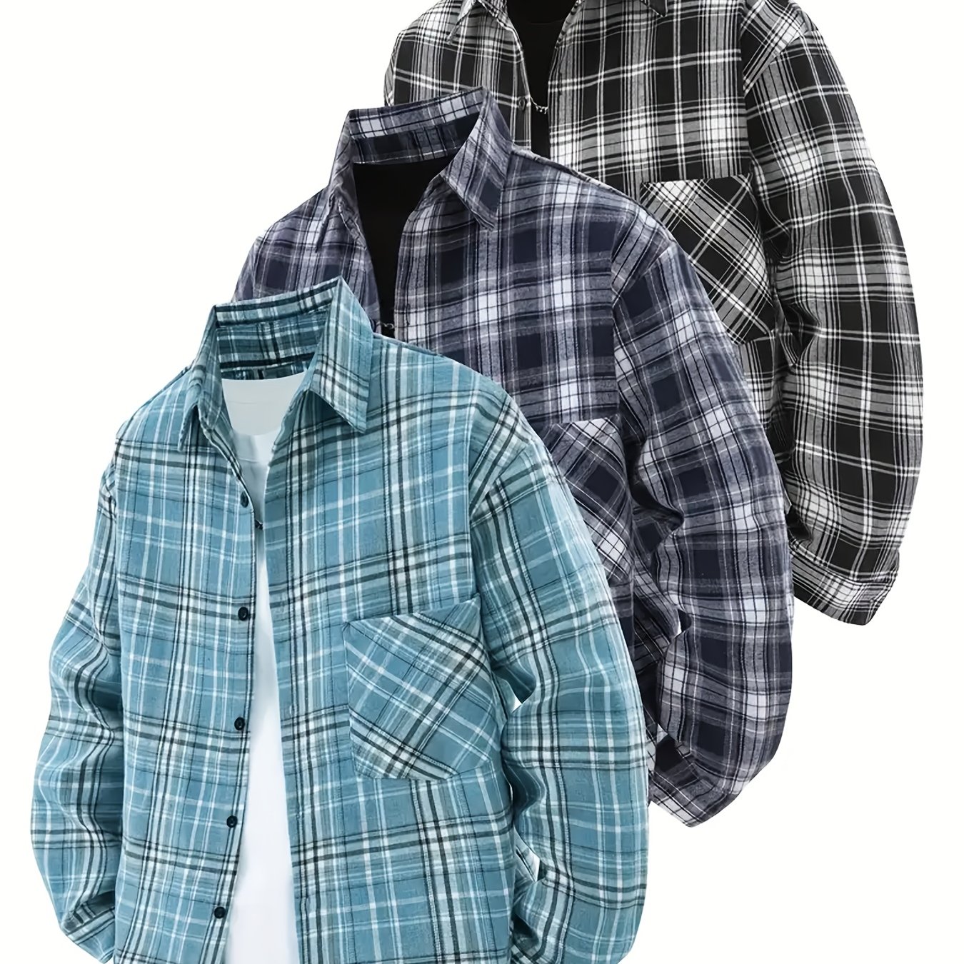 TEMU 3pcs Scandinavian Fashion Men's Shirt Set, Comfortable And Loose Autumn Shirt, Breathable Lumberjack Style, With Button Design
