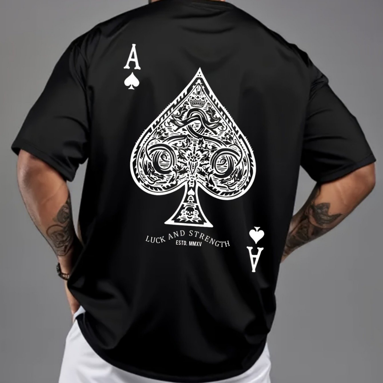TEMU Men's Logo Graphic T-shirt - Black Casual Short Sleeve Round Neck Tee Featuring Poker Card Design, Easy To Wash & Suitable For Poker Evenings,