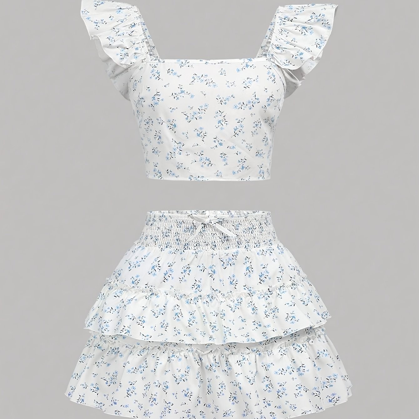 Girls' Fresh Casual Summer Floral Short Skirt Set Clothing