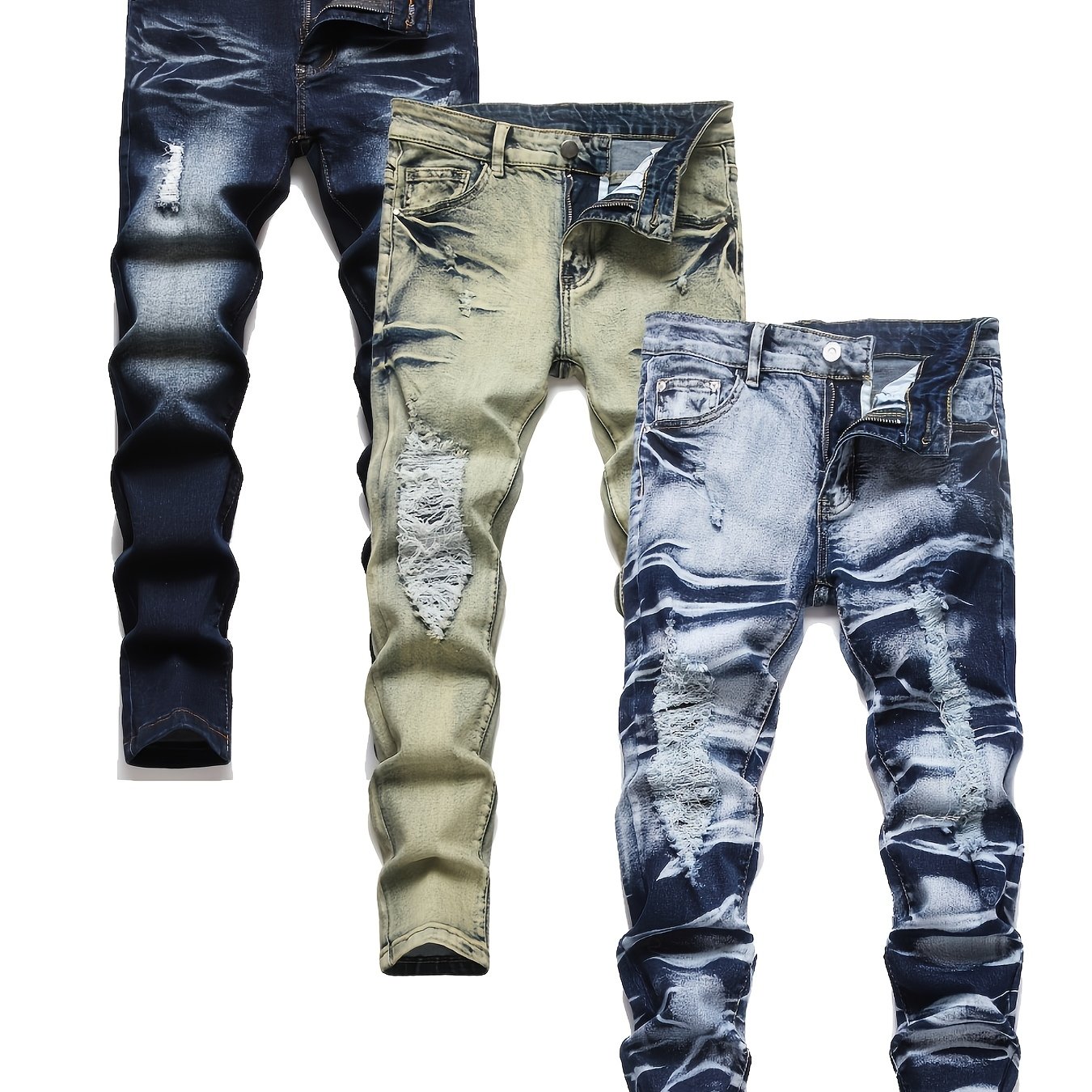 [3pcs Of Jeans] Boys' Retro Distressed P'd Slim Fit Washed Denim Jeans, Boys' Casual Multi Piece Jeans, All