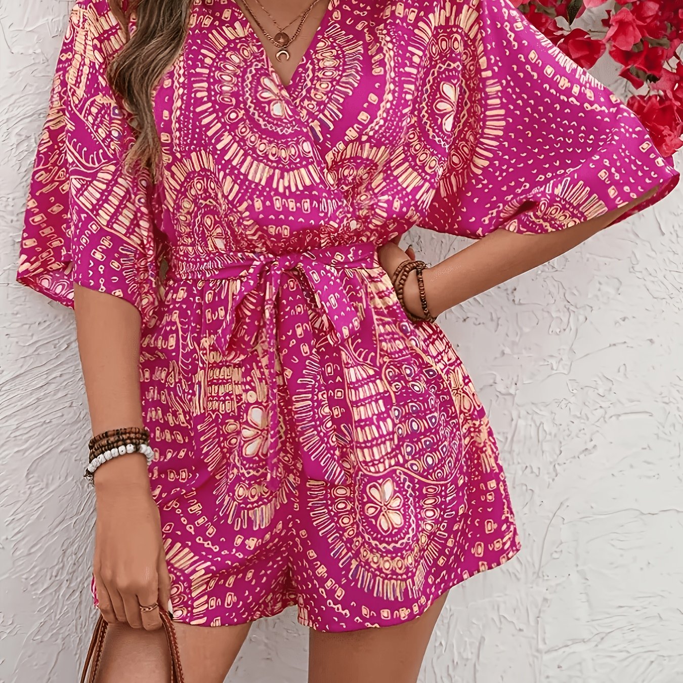 TEMU Women's Summer Fashion Printed V-neck Cinched Waist Jumpsuit