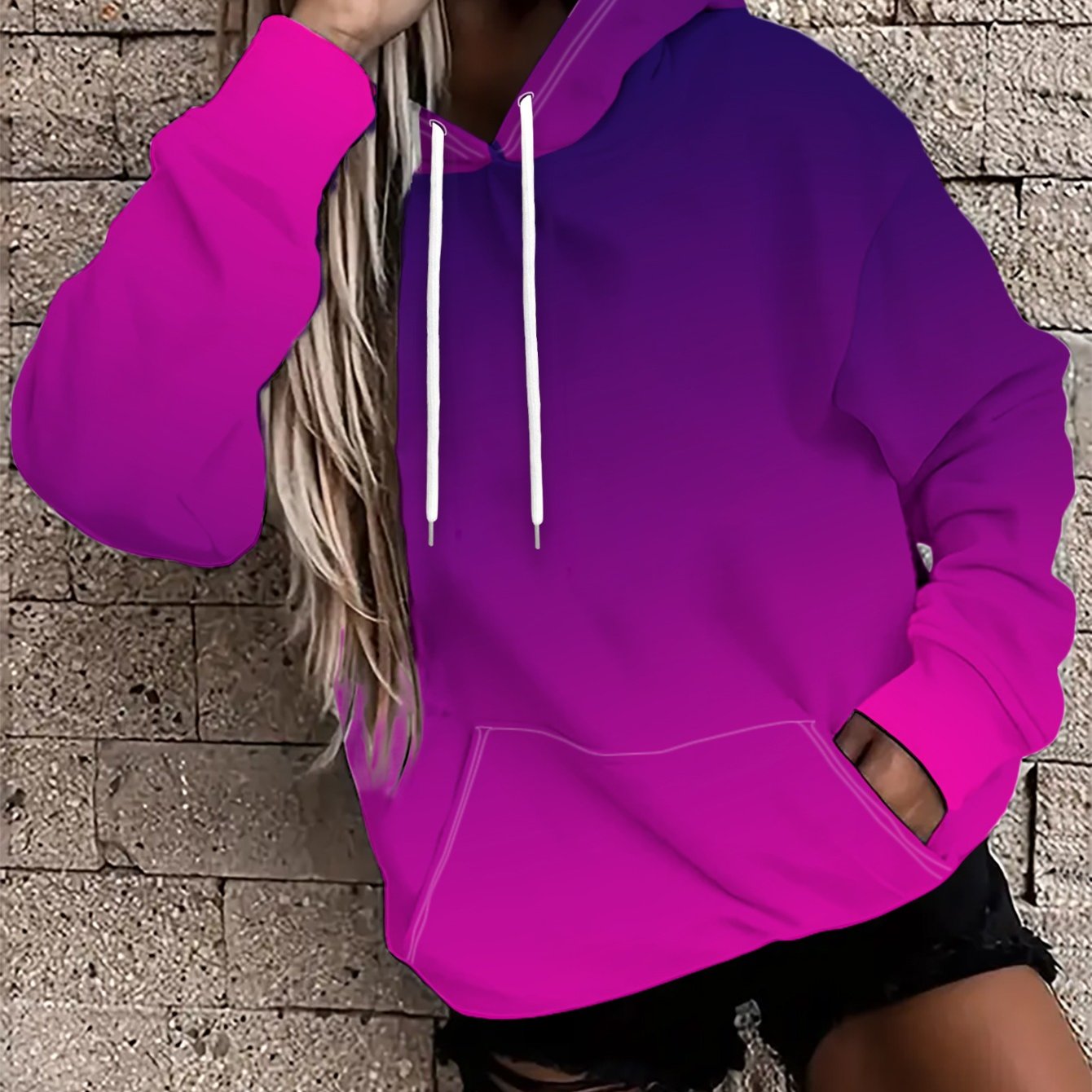 TEMU Women's Versatile Style Hoodie. This Features A Gradient Background Design, Transitioning From Deep Purple To With Soft Tones. Suitable For