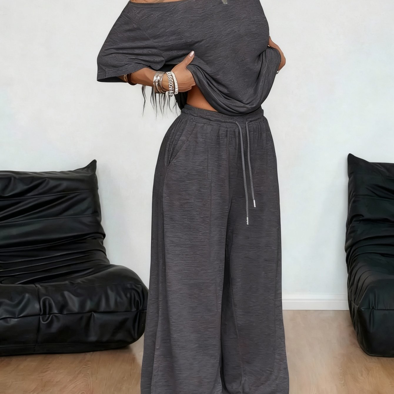 TEMU Women Cooling Breathable 2pcs Casual, Off Shoulder Short Sleeve Loose T-shirt& Elastic Drawstring High Waist Wide Leg Sweatpants Set, Soft