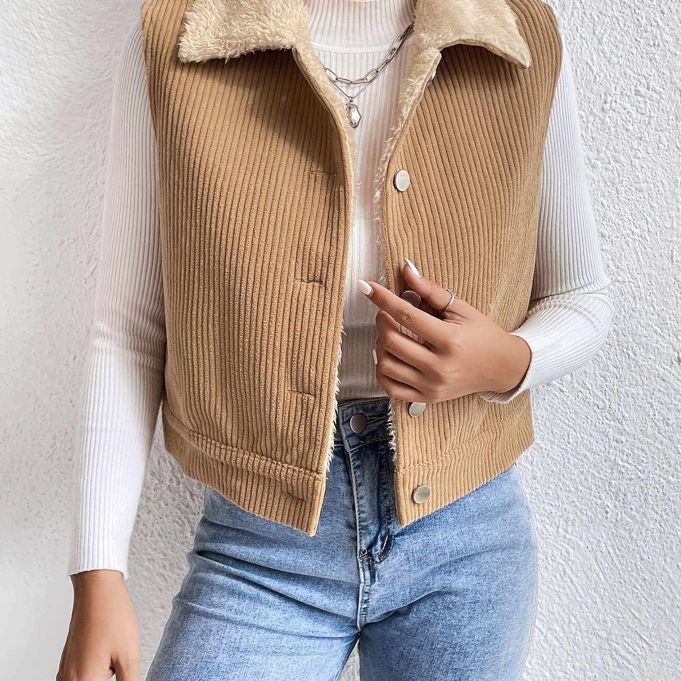 TEMU Gilet en velours pour femme, automne/hiver, avec doublure, col à , vêtement d'extérieur manches, gilet décontracté à boutons