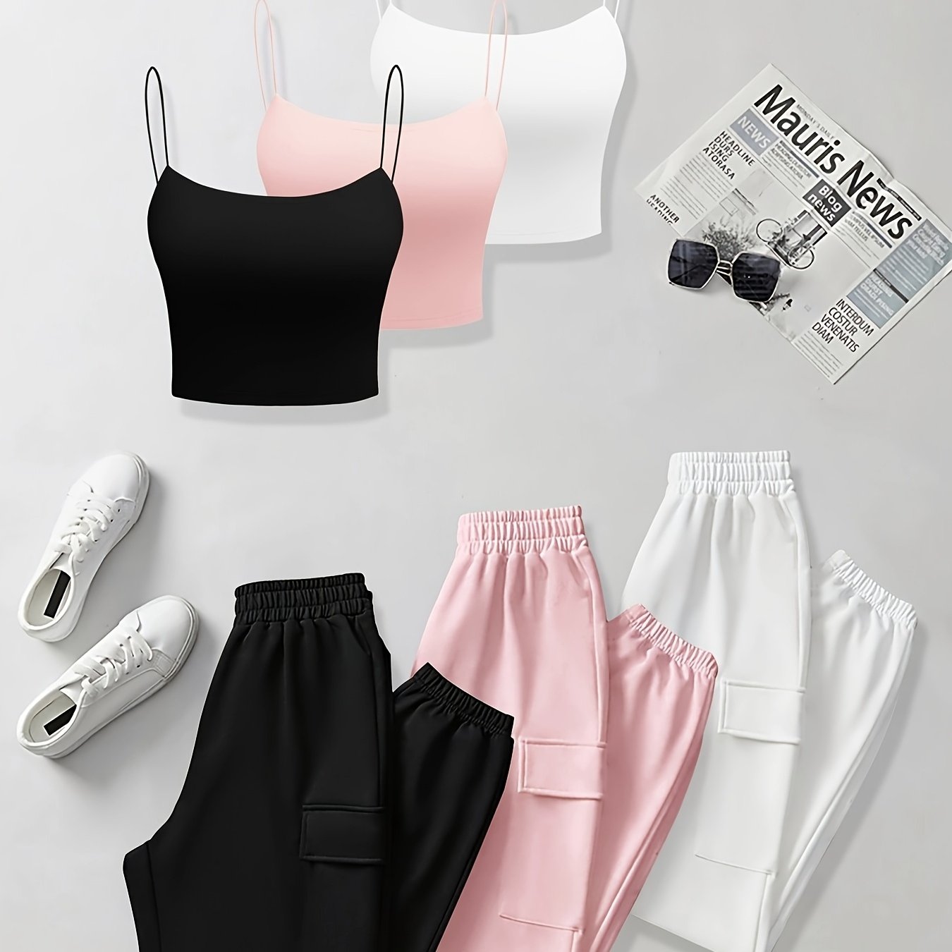 E-shop 6-teiliges Damen Freizeit Kurzarm-Trägerhemd und elastische Hose mit Tasche für Frühling und Sommer, einfarbiges Alltagsoutfit
