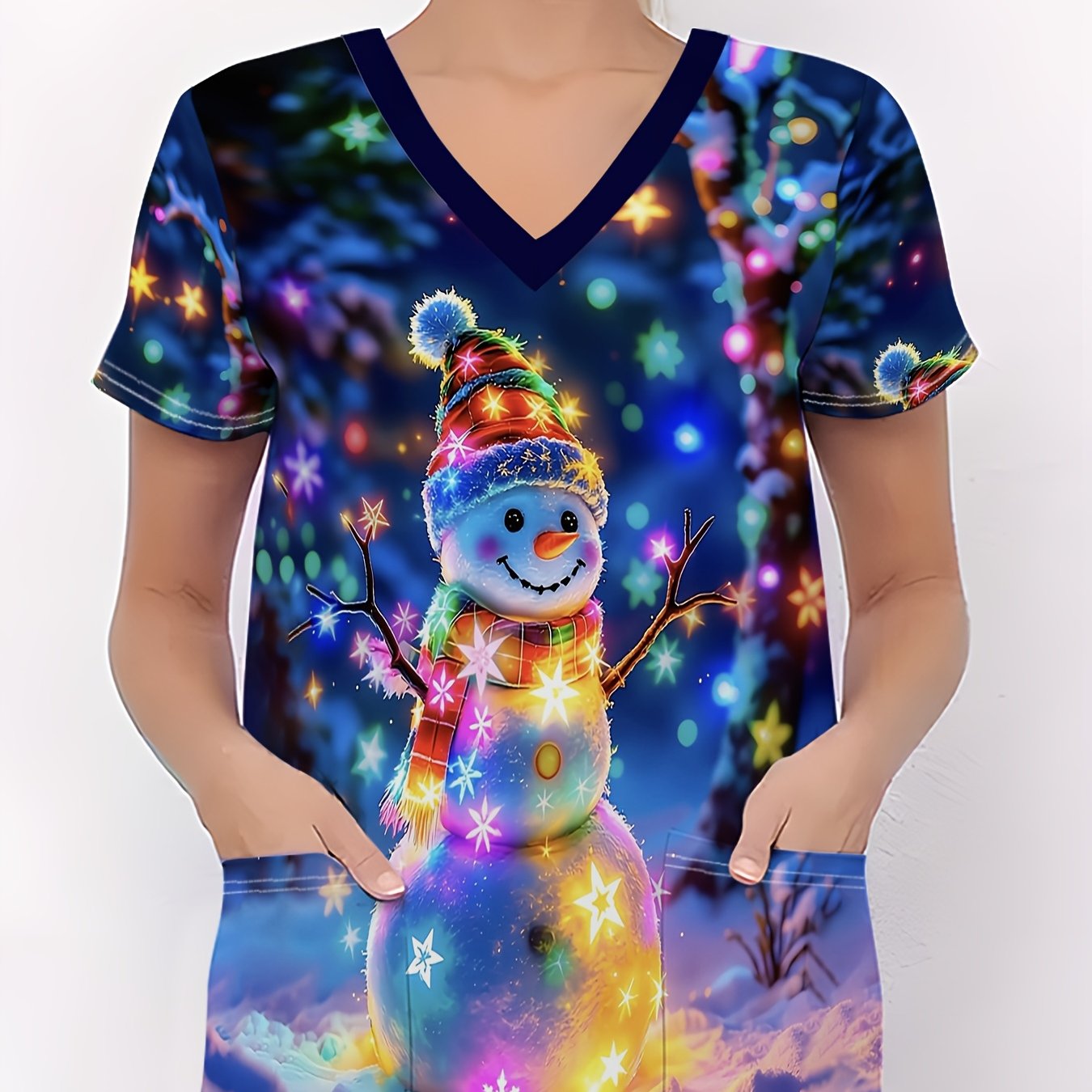TEMU Plus Size - Plus Size - Christmas Plus Size Women's Nurse Uniform Glowing Snowman Christmas Decoration Printed T-shirt, Soft And Elastic, V-neck