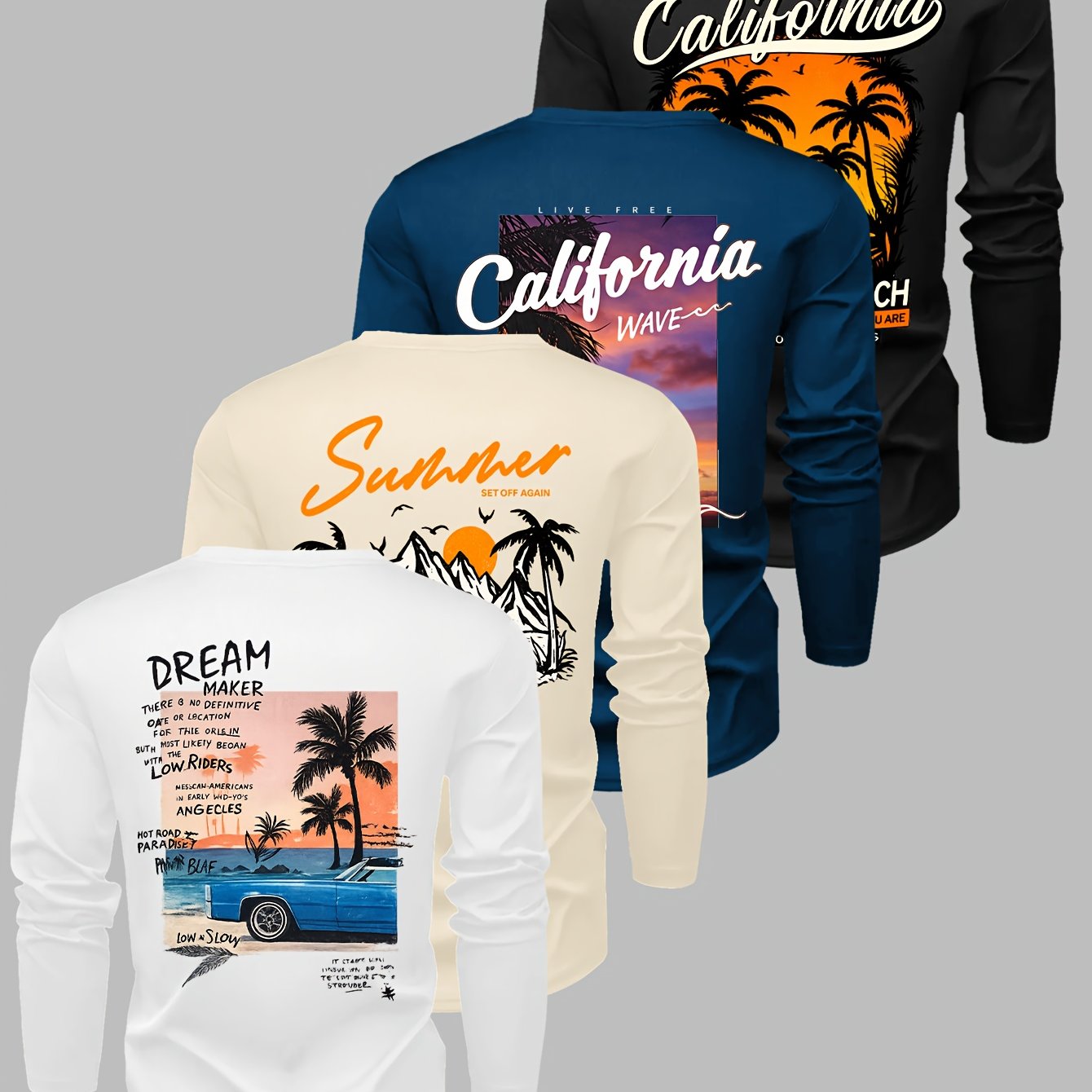 TEMU 4pcs Men's Round Neck Long Sleeve T-shirt Set - Casual Knit Polyester Top, Stretch, Basic Letter Style