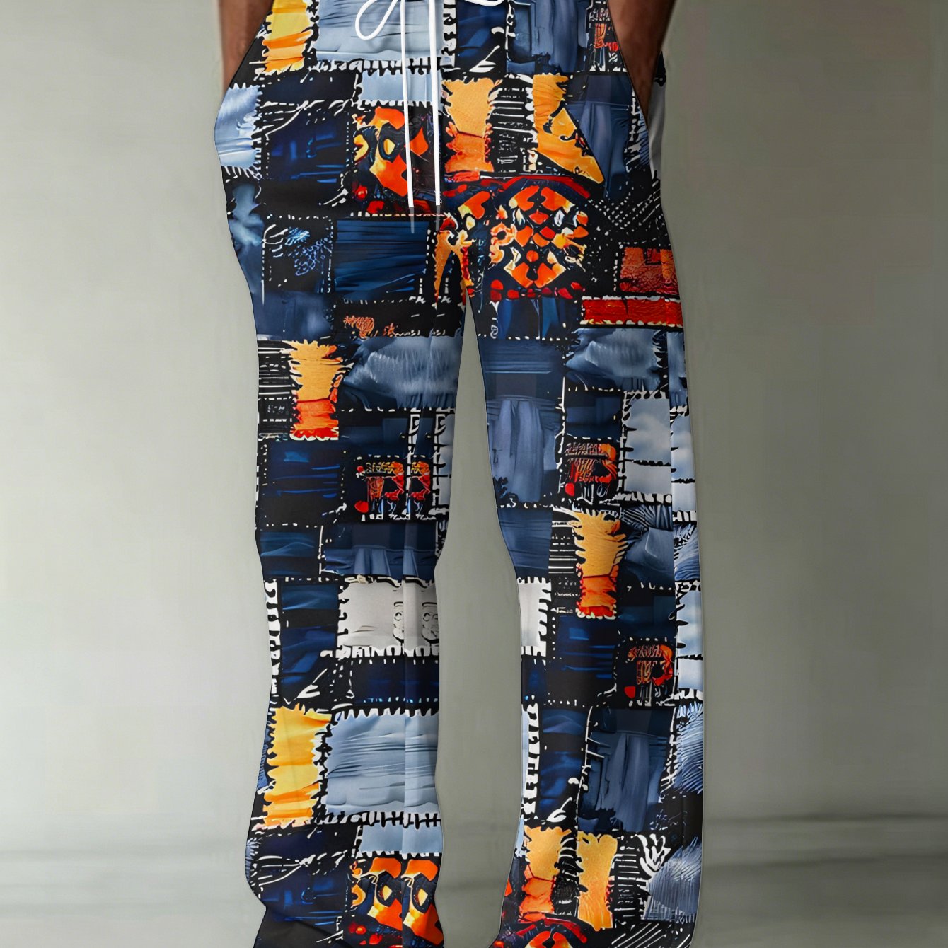TEMU Men's Fashion Print Pants Featuring A Blue, Orange, And Palette With Ethnic-inspired Block Patterns. Straight-leg Trousers Come With Pockets And