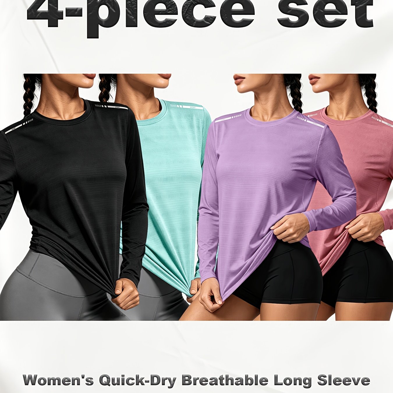 TEMU 4pcs Women's Quick-dry Long Sleeve Sweatshirt - Moisture-wicking Fitness Top For Running, Yoga, And Training - , Multiple Colors , Yoga Apparel,