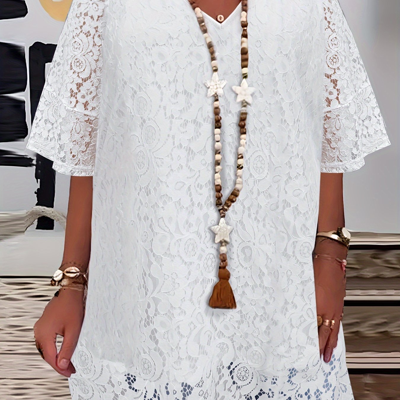 TEMU Camiseta de encaje de talla grande con de campana, elegante