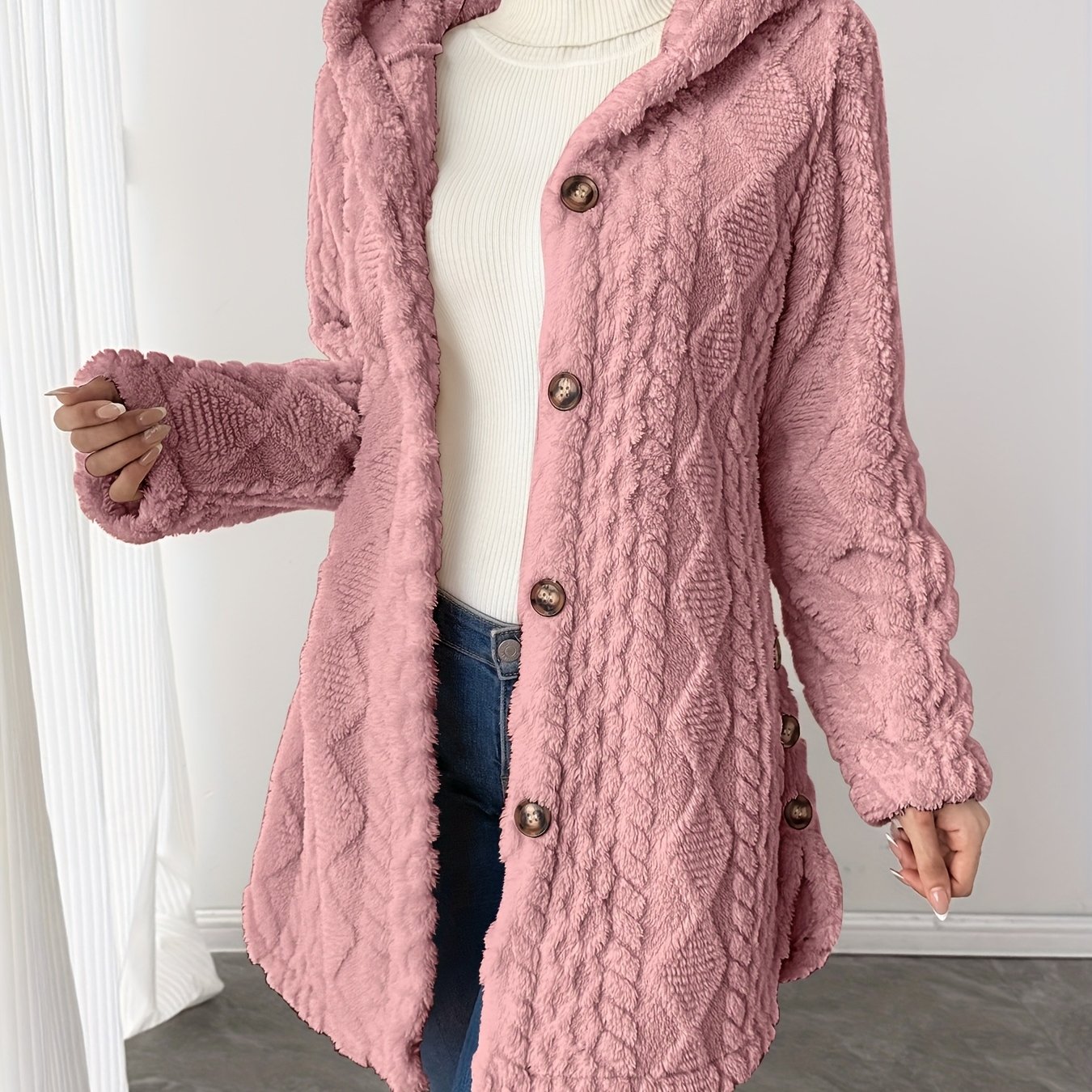 TEMU [ Autumn/winter Geometric Texture Pattern, Solid Color, Hooded Mid-length Teddy Bear Long Sleeve Coat, Women's Elegant Style, Coat]