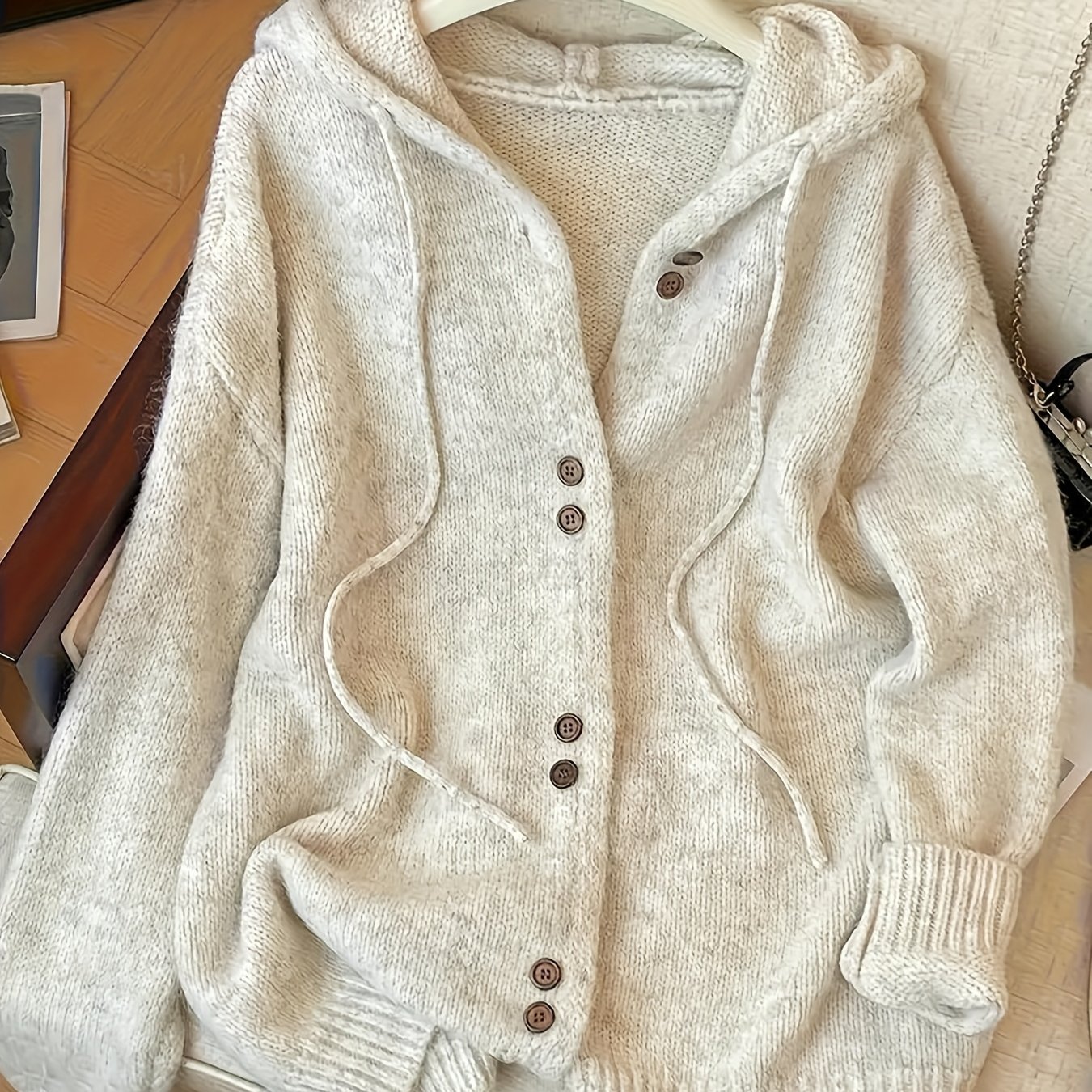Image of Plus Size - Plus Size - Western Casual Outfit Apricot Hooded Sweater Cardigan Women's Fall Winter Soft Lazy Style Premium Top