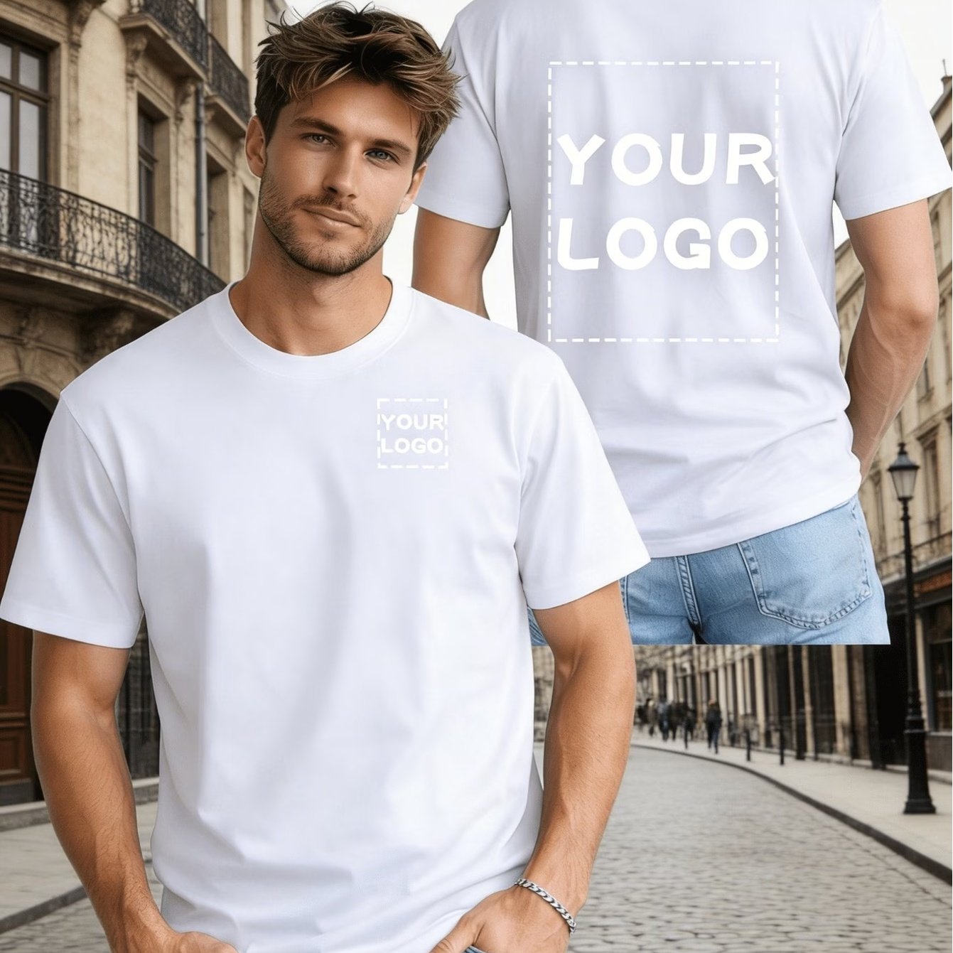 TEMU Men's Short Sleeve T-shirt Double-sided Sample Template Street Outdoor Model Photo Front And Back Reserved For Logo Printing Material
