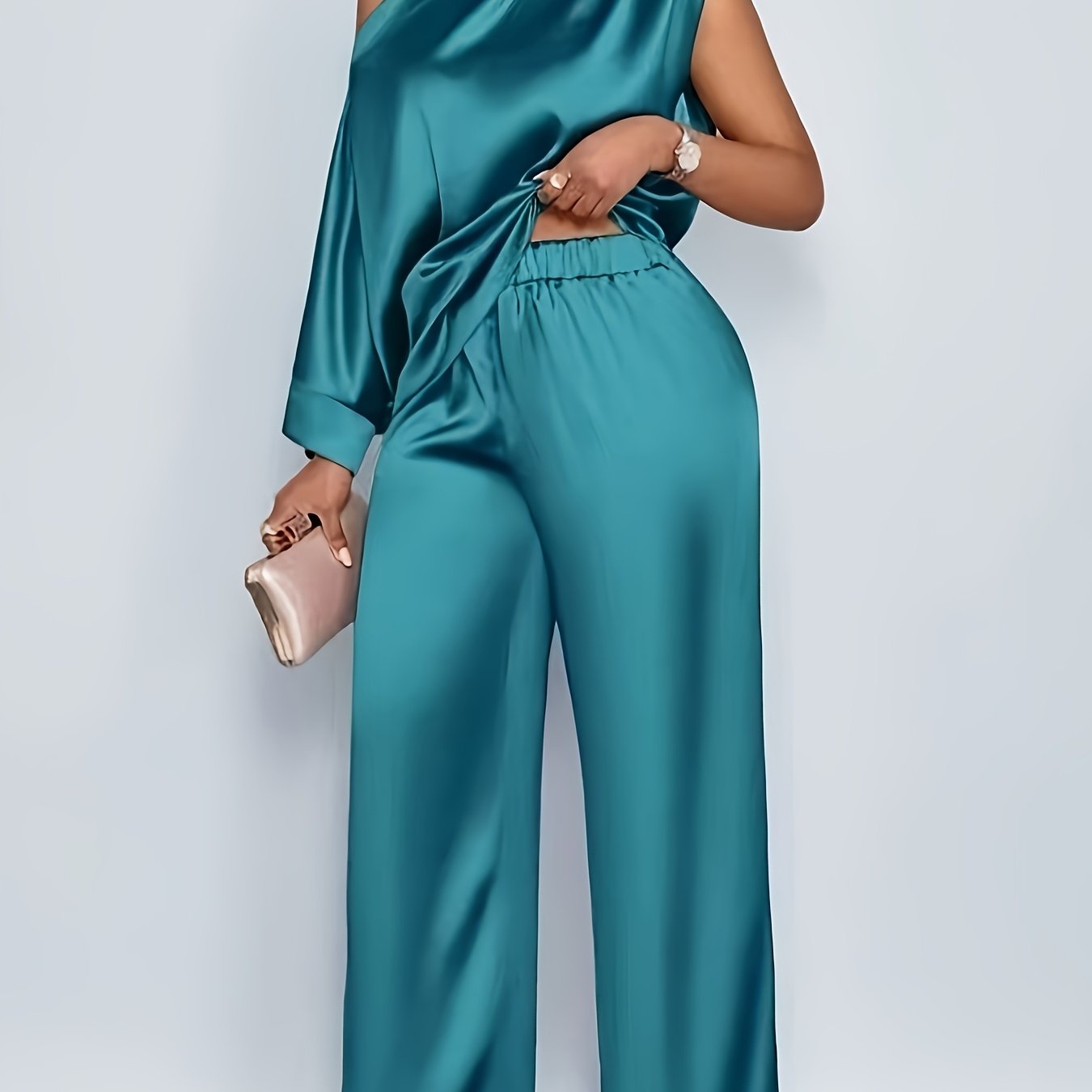 Image of Summer Casual Women's Set With Asymmetrical Neckline, Short-sleeve Top, And Long Pants