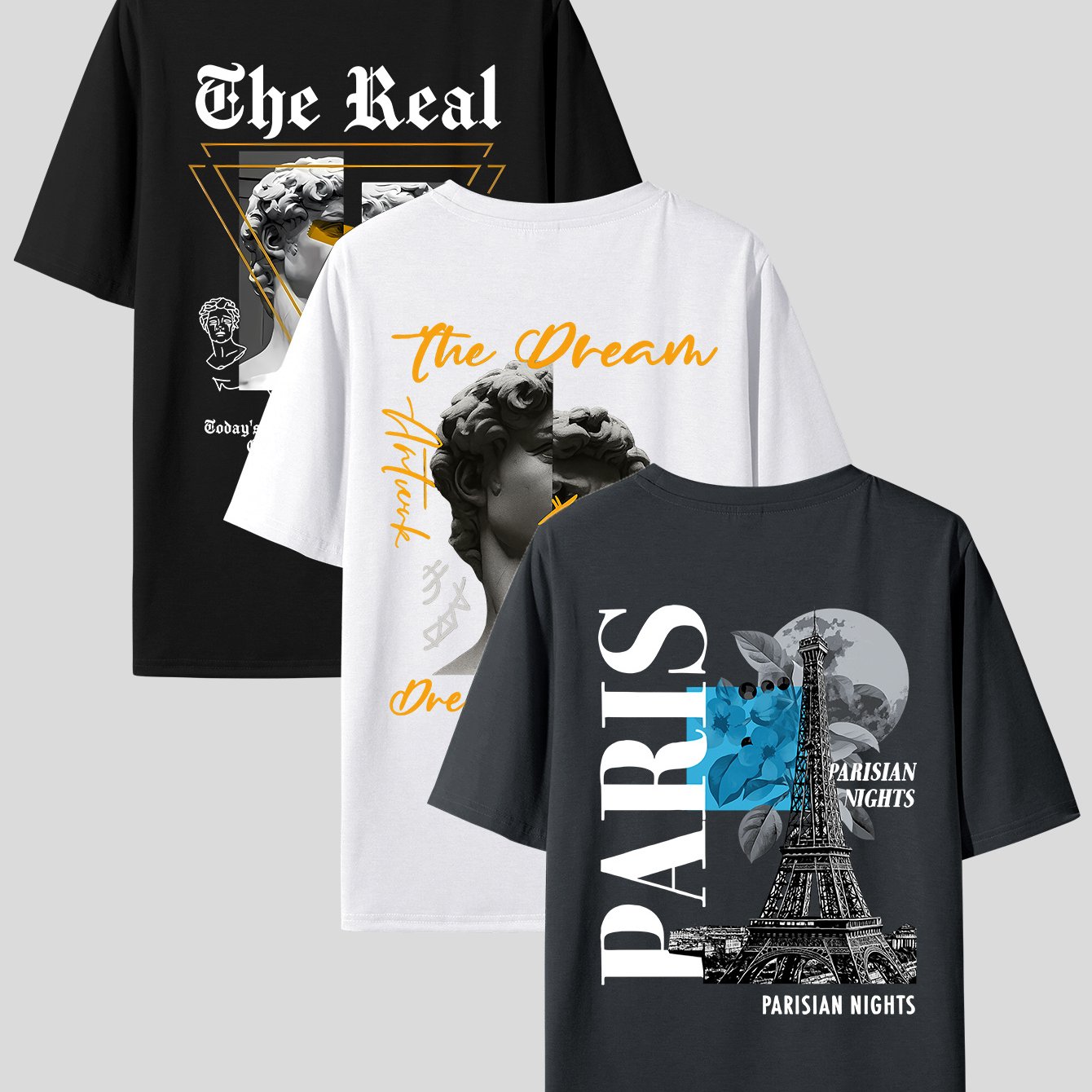 TEMU Men's Summer Retro Urban Fashion Pattern T-shirts 3-pc, Men's Casual Comfortable Short Sleeves