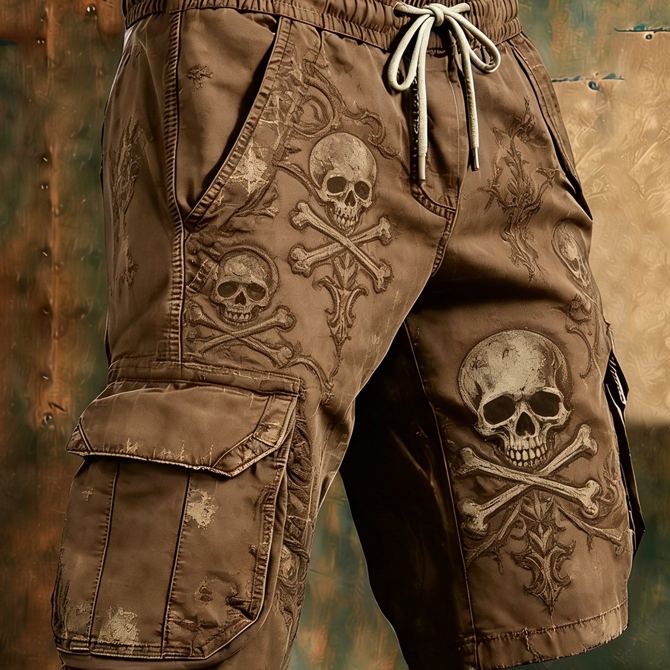 Men's Casual Distressed Skull Cargo Shorts- Dark Gray Vintage Skull Print, Elastic Waist Cargo Pants