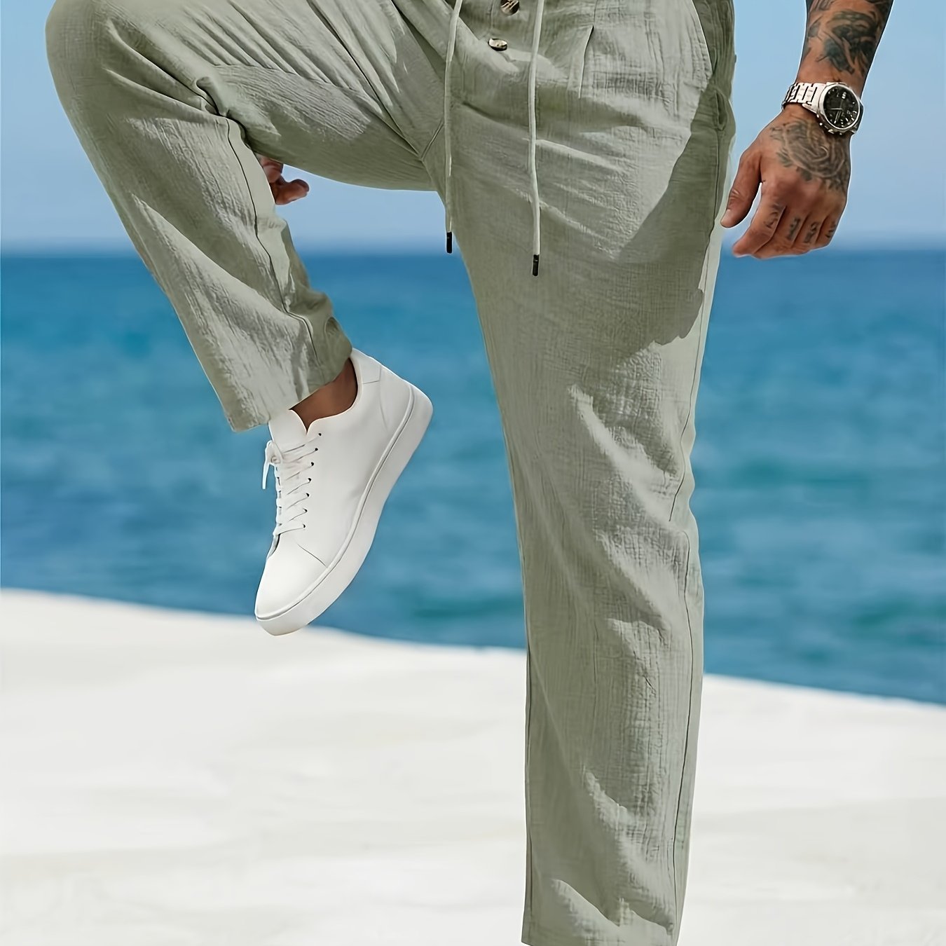 TEMU 's Summer Casual Linen Athletic Beach Pants, Breathable Solid Color High-waist Loose Long Trousers