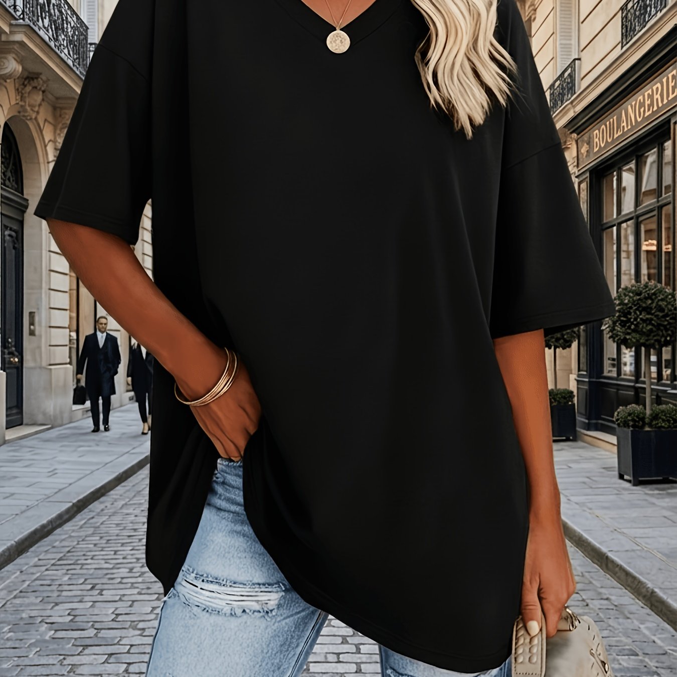 TEMU Plus Size - Damen Freizeit T-Shirt mit V-Ausschnitt in Unifarben, locker sitzendes Kurzarm-Top, weiche, bequeme Sommer-Bluse/Top für den