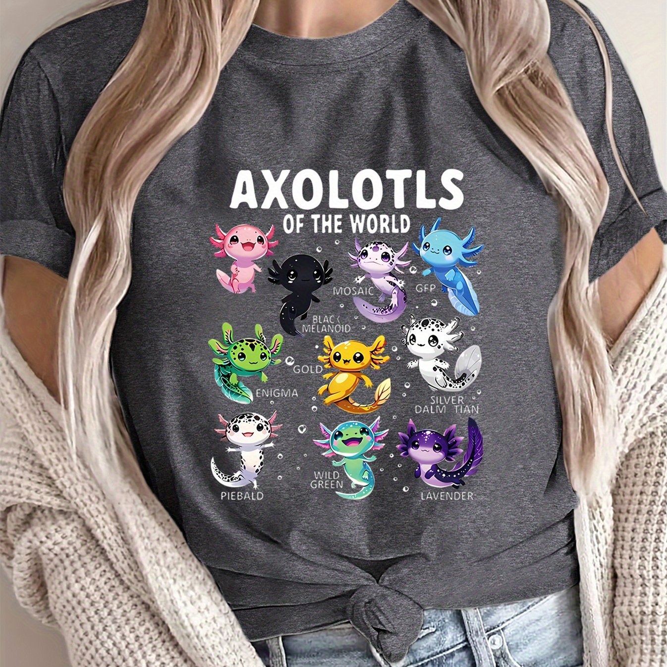 TEMU Women's Casual -shirt With Colorful Axolotl Print - " Of The World" Design, Short Sleeve, Round Neck, Wear, Casual Wear Tee | Graphic Tee | ,