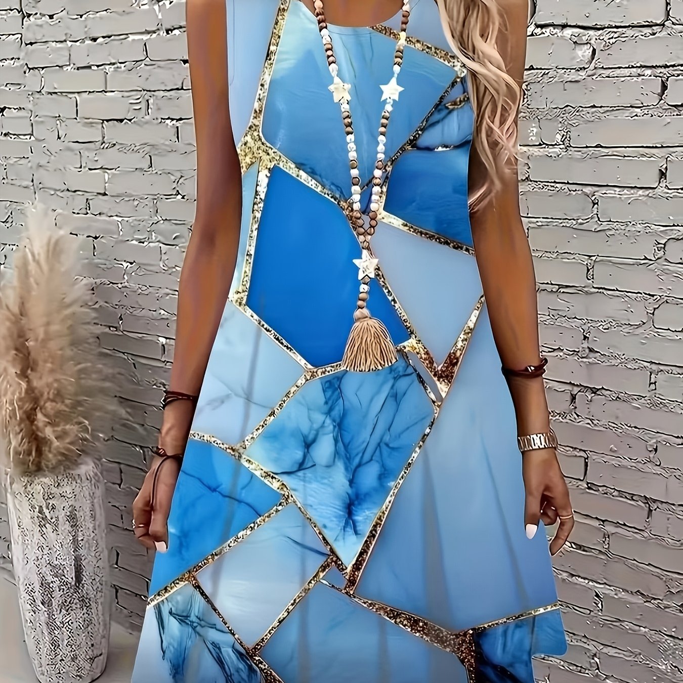 TEMU Robe d'été manches à motif géométrique, jupe mi-longue à de couleurs bleu et doré
