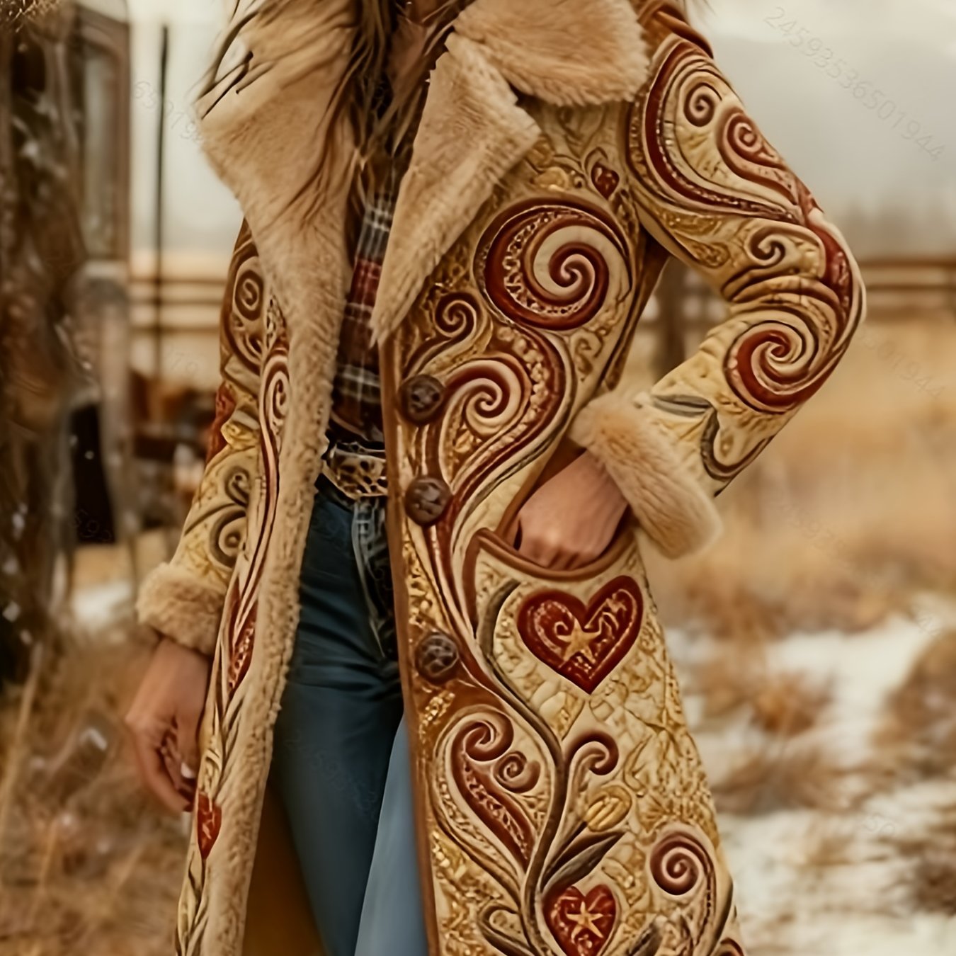 Printed Design Not Textured Ladies' Western Retro Style Autumn And Winter Warm Long-sleeved Retro Printed Jacket Coat - Western Printed Jacket Lapel Coat