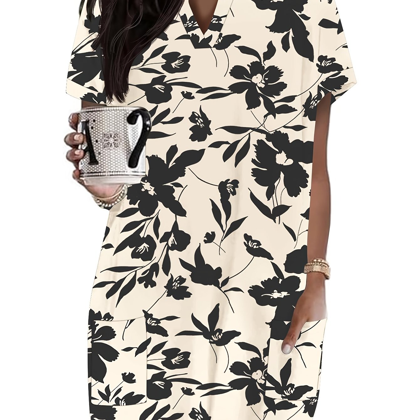 TEMU Women's Fashion Casual Loose-fit Pocket Shirt Comfortable Short-sleeve V-neck Long T-shirt