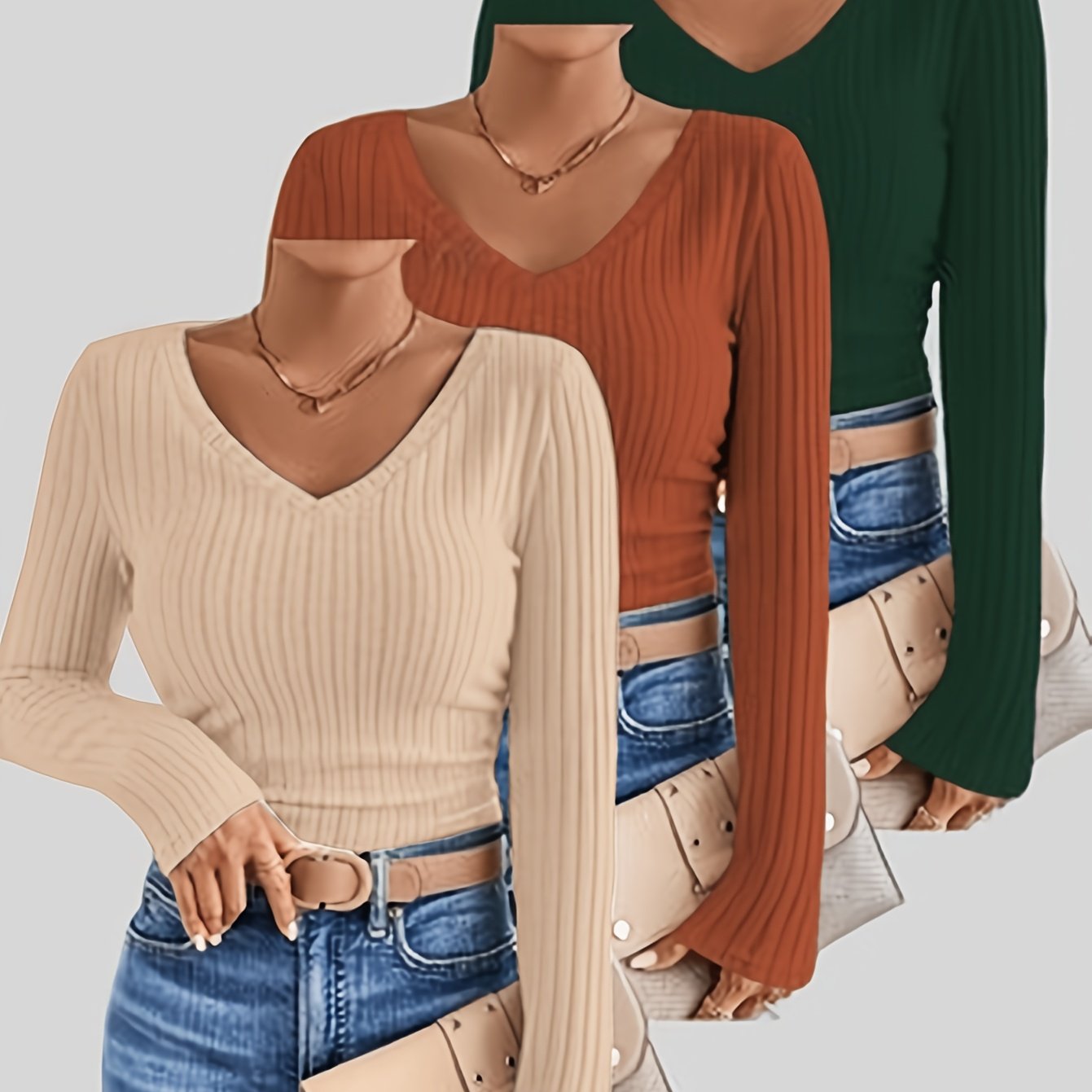 TEMU Autumn/ New Arrival Women's Elegant Solid Color V-neck Long Sleeve T-shirt 3pcs Set
