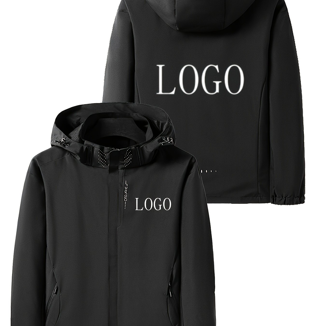 TEMU Men's Custom Logo Hooded Jacket - Casual Autumn And Winter Motorcycle And Outdoor Sports Jacket, Featuring Zip Pockets, Made Of, Long Sleeves,