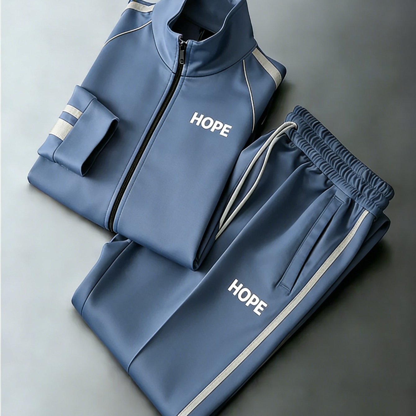 Image of Unisex Dusty Blue Tracksuit, Zip Up Jacket With Side Stripe Pants, Casual Sportswear, Suitable For , Plus Sizes