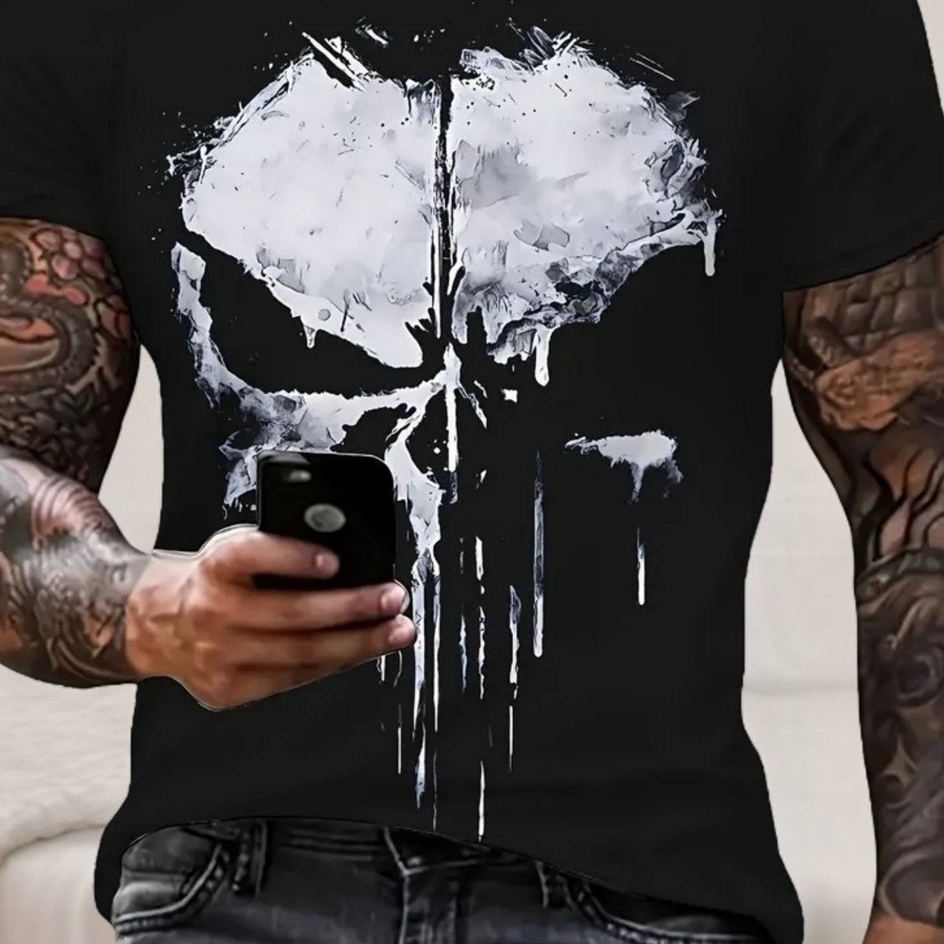 Letter Print T-shirt Style, Featuring A Short Sleeve And Round Neck Design, Made From Non-stretch Fabric. This Black Shirt Showcases A White Skull Graphic And Is Machine Washable
