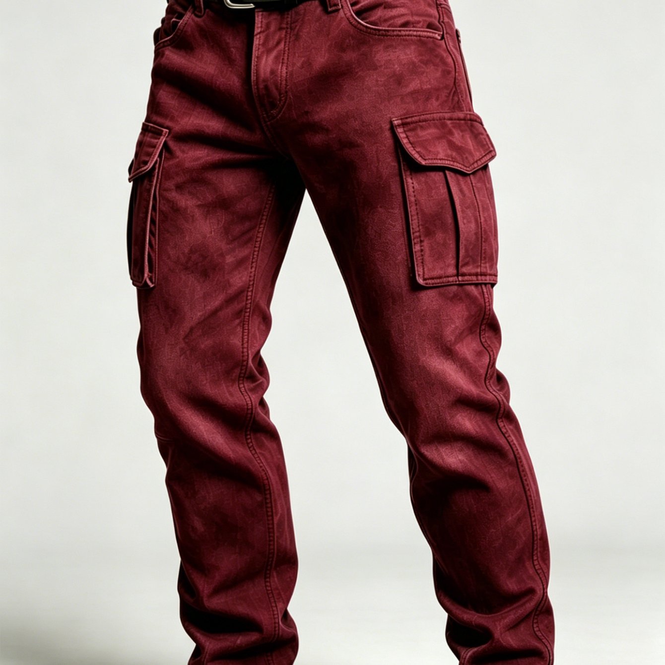 Men's Red Washed Vintage Multi-pocket Wear Resistant Straight Cargo Pants, Versatile Trousers For Street, Outdoor And Daily , Belt Not Included