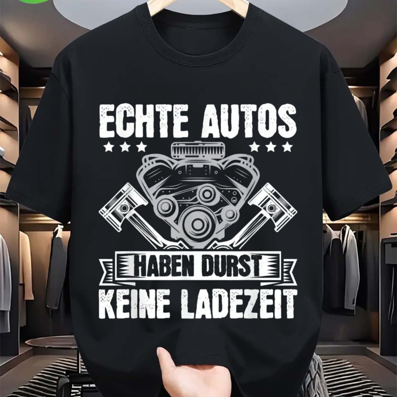 Image of Men's Automotive Graphic T-shirt German Car Engine Design With Real Cars Have Thirst No Charging Time Slogan- Casual Tee For Car Enthusiasts- Fit Short Sleeve Shirt With Engine Block Print, Crew Neck