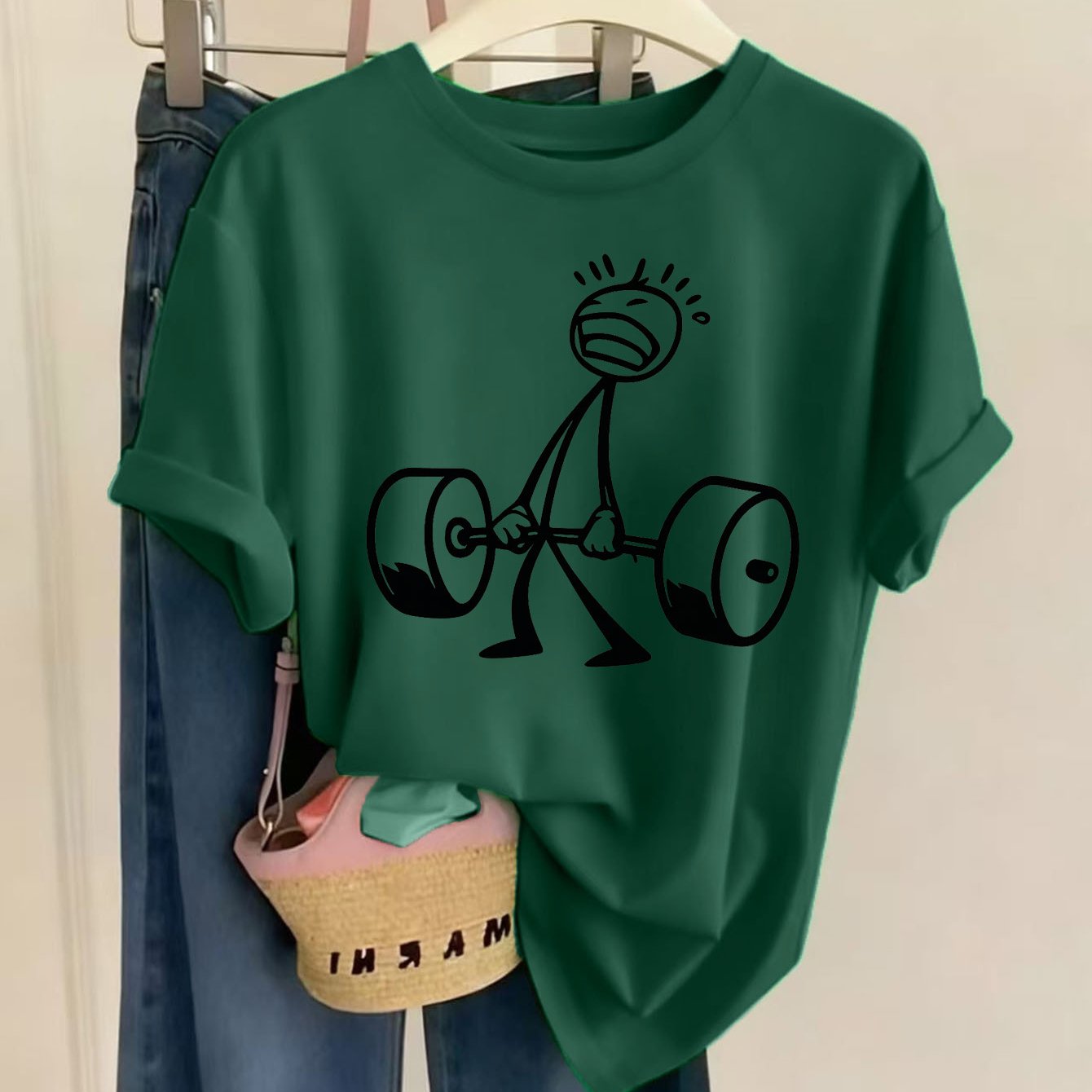 TEMU 1pc Women's Fashion Artistic Print Round Neck Short Sleeve T-shirt Cartoon Weightlifting. Relaxed And Comfortable. Suitable For Daily Wear.
