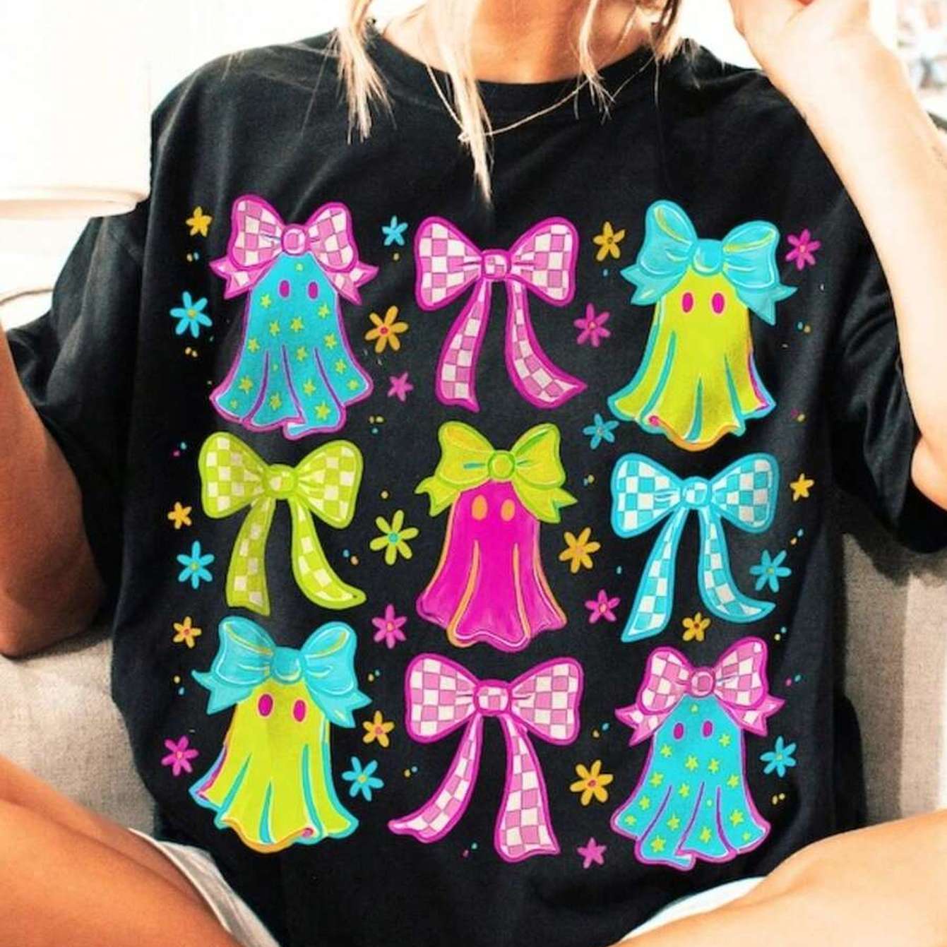 Size (s-xxl) Women's Casual T-shirt - Halloween Neon, Preppy Halloween, Cute Boo Coquette, Spooky Season, Trending Design, Oversized Shirt