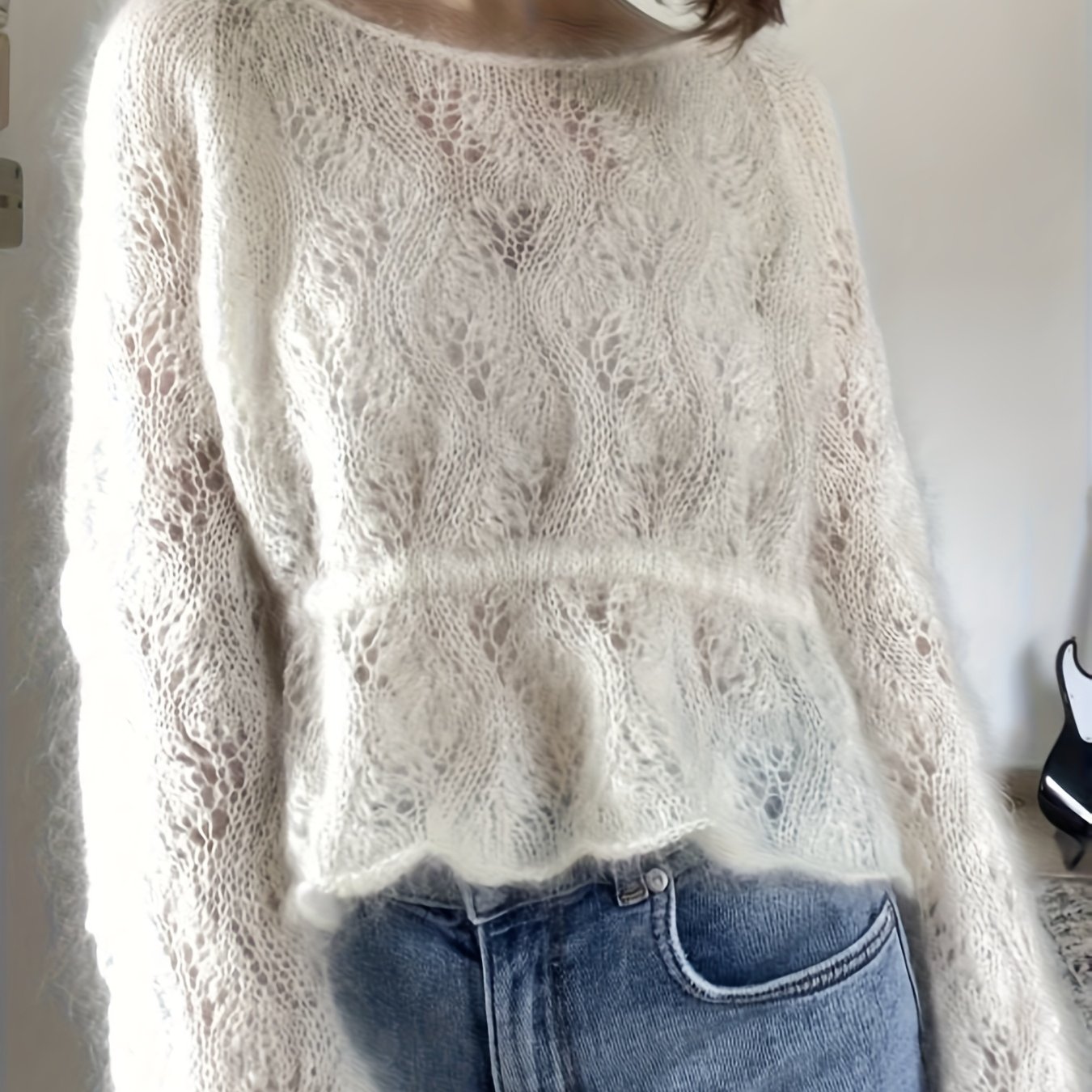 Wool Openwork Crochet Top For Women, Micro-flare Sleeve Cropped Waist-cinching Pullover Tunic, Gentle And Elegant Early Autumn Top, Niannian