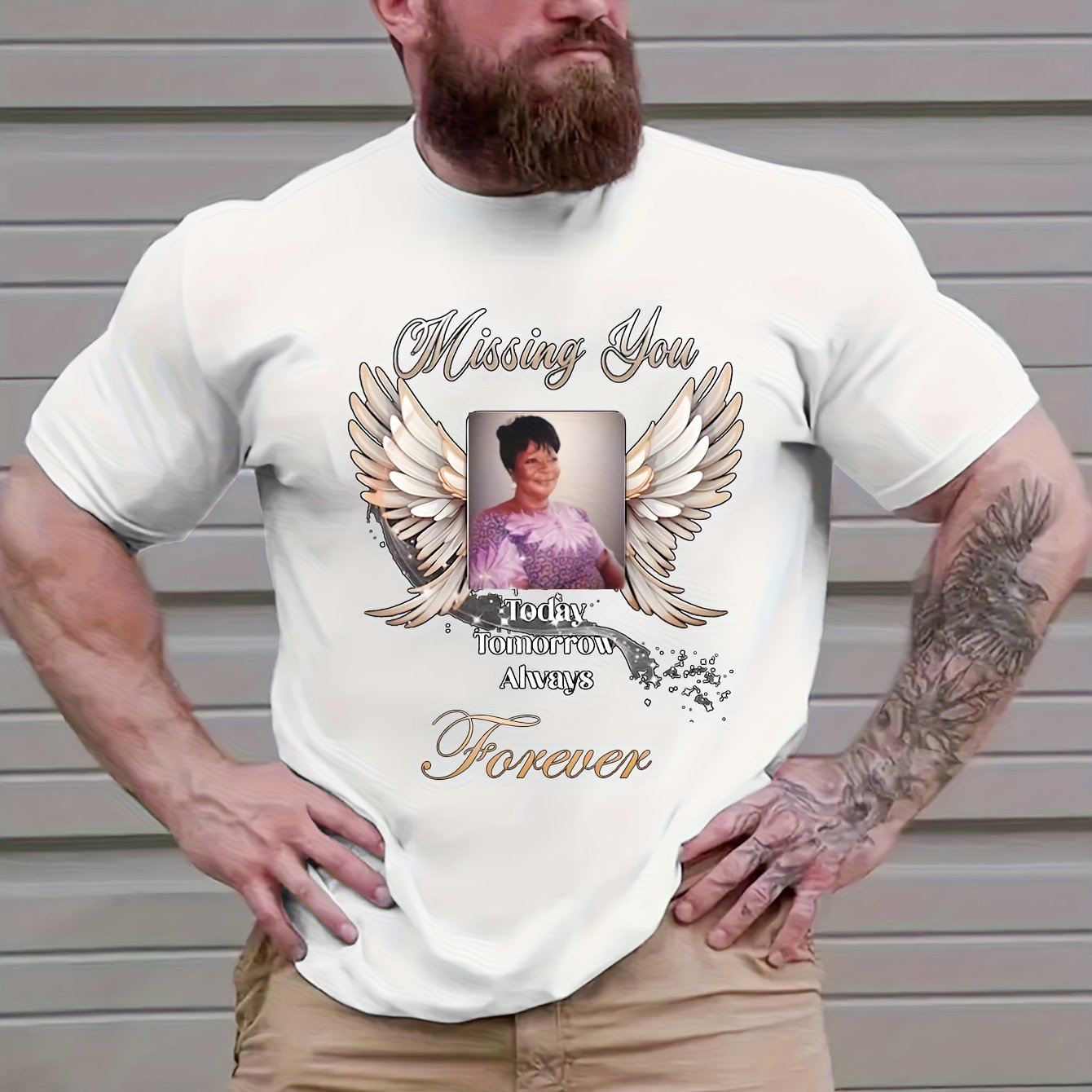 TEMU [printed Design - Not Textured] Custom Men's T-shirt - Personalized Photo And "" Text - Soft Fabric For Daily Casual Wear