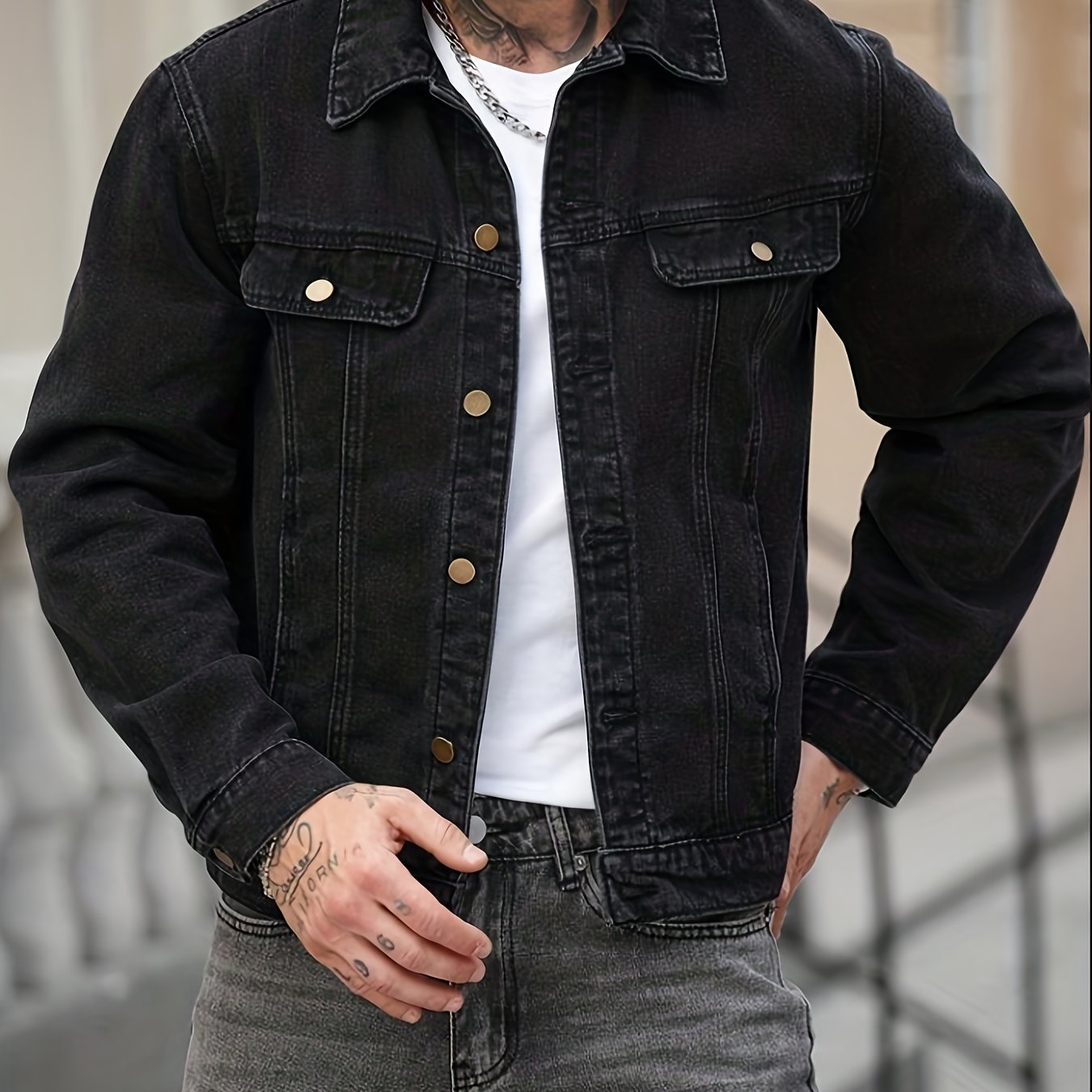 TEMU [allsro] Black Weathered Denim Jacket For Men - Slim Fit, Cool And Stylish Trendy Coat, Spring To Winter Style, Casual And Versatile, Single
