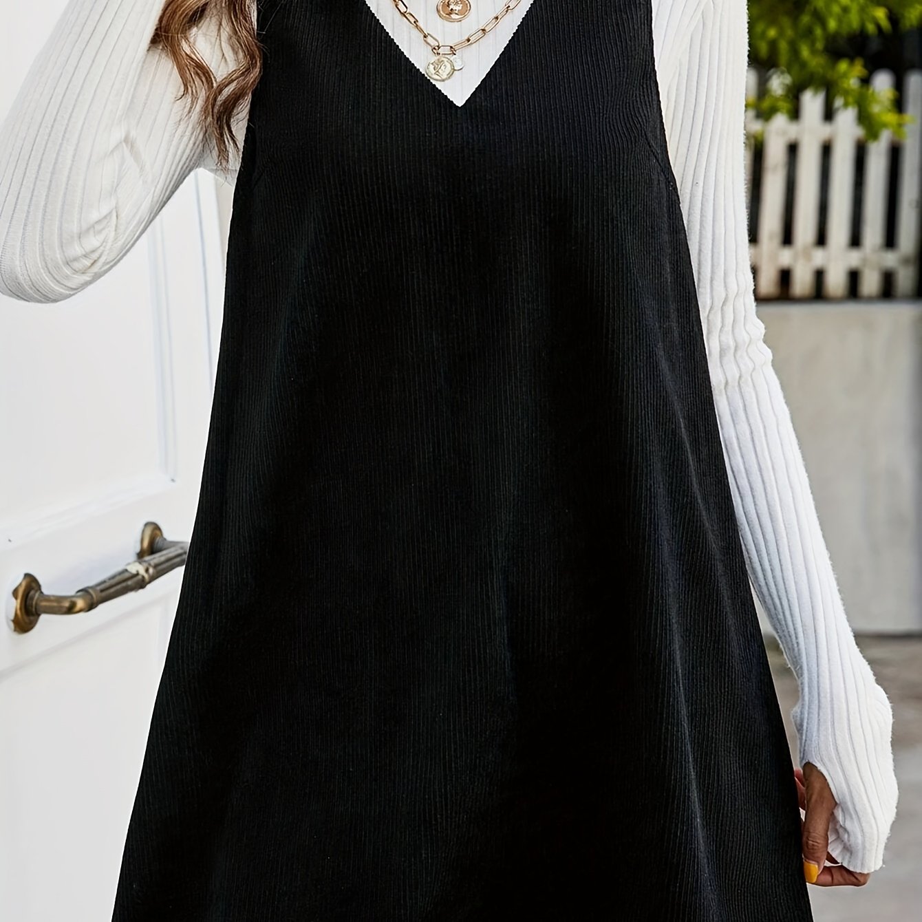 TEMU Robe en velours côtelé unie à col en V pour femme, automne-hiver (pull non inclus)