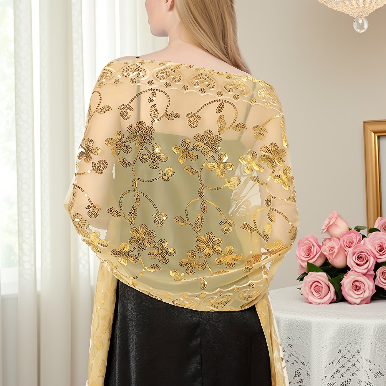 Image of Plus Size, Luxury Handmade Sequin Studded 1920s Vintage Bohemian Style Evening Party Gathering Gown Dress Cape Shawl
