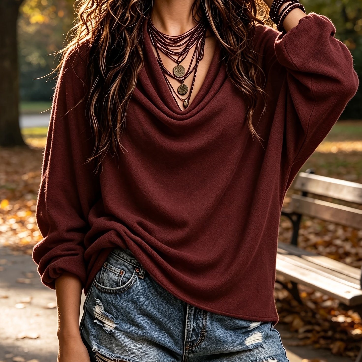 Women's Boho Draped Cowl Neck Long Sleeve Soft Loose Teacher Office Fall Winter Casual Outfits