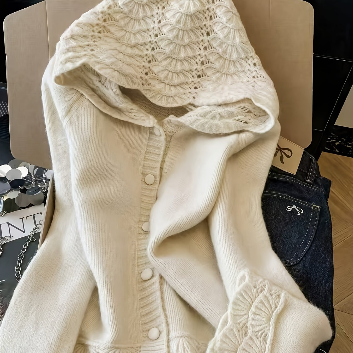 TEMU Women's Autumn/winter Openwork Hooded Cardigan, Unique Niche Style, Versatile Daily Long-sleeve Outerwear Top Sweater