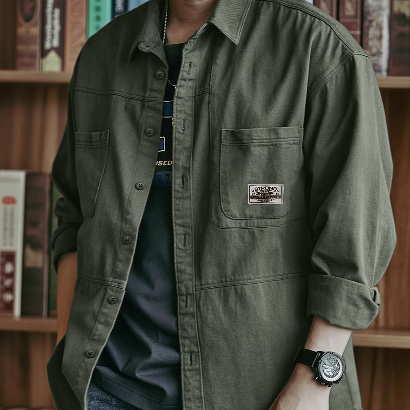 Image of Men's Work Shirt Spring Autumn Long Sleeve Top Loose Retro Multi-pocket American Casual Top Outerwear, Plus Size