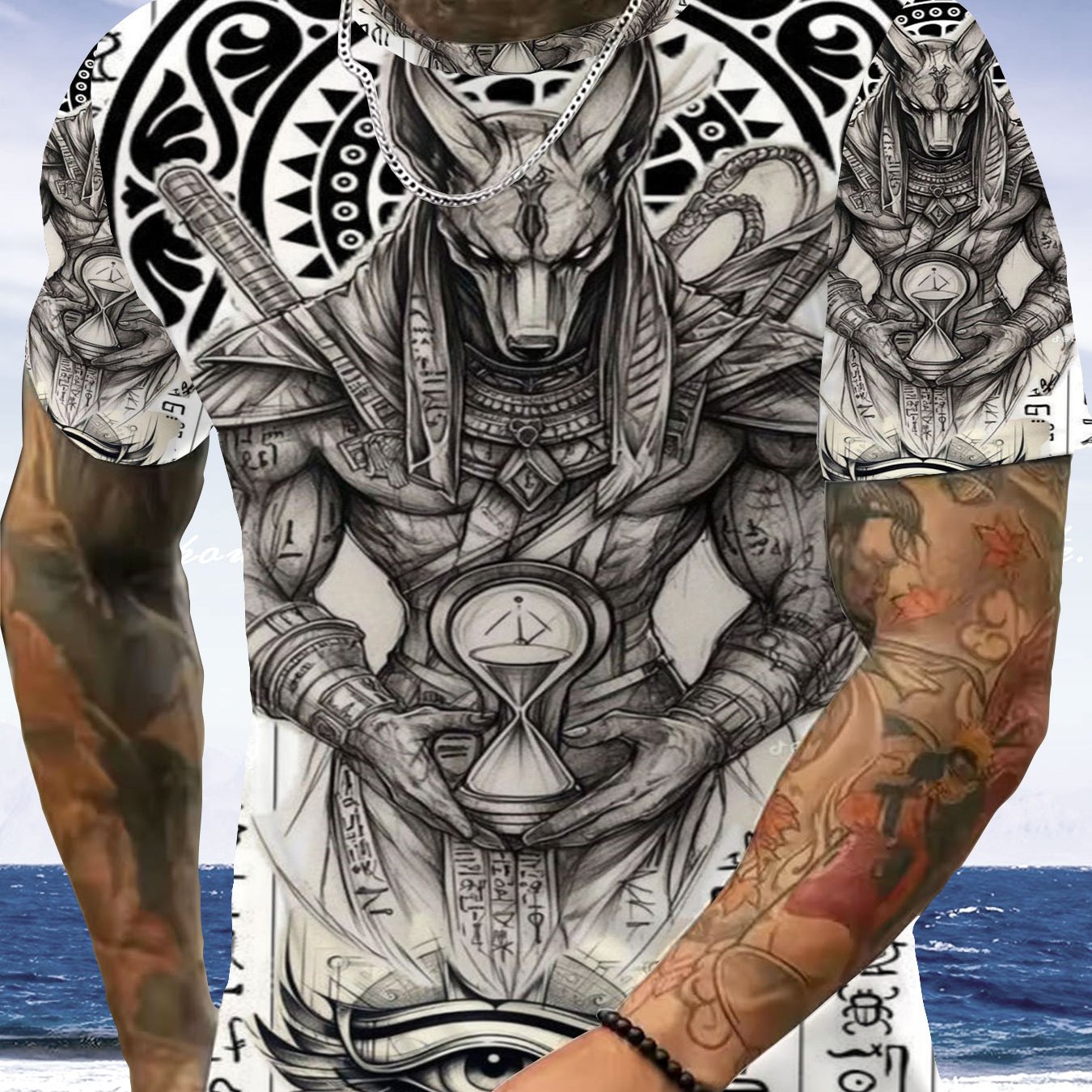 TEMU Men's 3d Polyester T-shirt With Vintage Print, Egyptian Mythology Inspired Graphic Tee, Horus Eye And Hieroglyphics Design, Breathable Casual