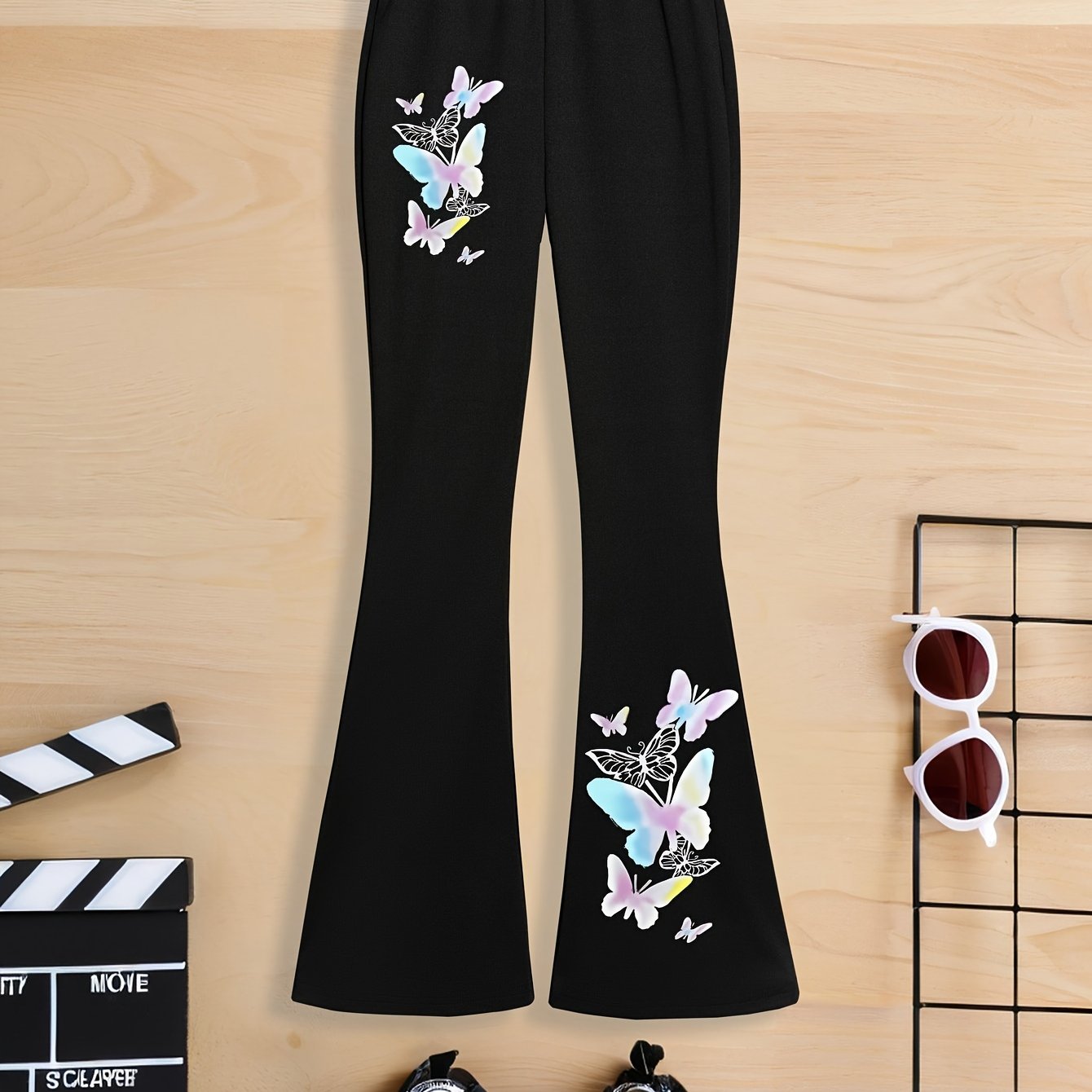 Image of Girls Autumn And Winter Creative Printed Straight Tweed Elastic Bell-bottom Pants, Girls Knitted Trousers, Perfect For Outdoor