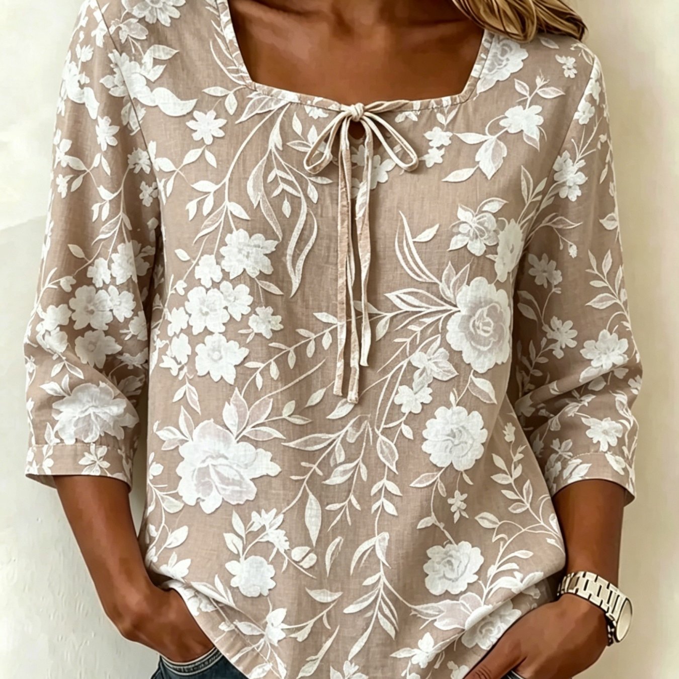 Women's Vintage Floral Neck Tie-front Shirt