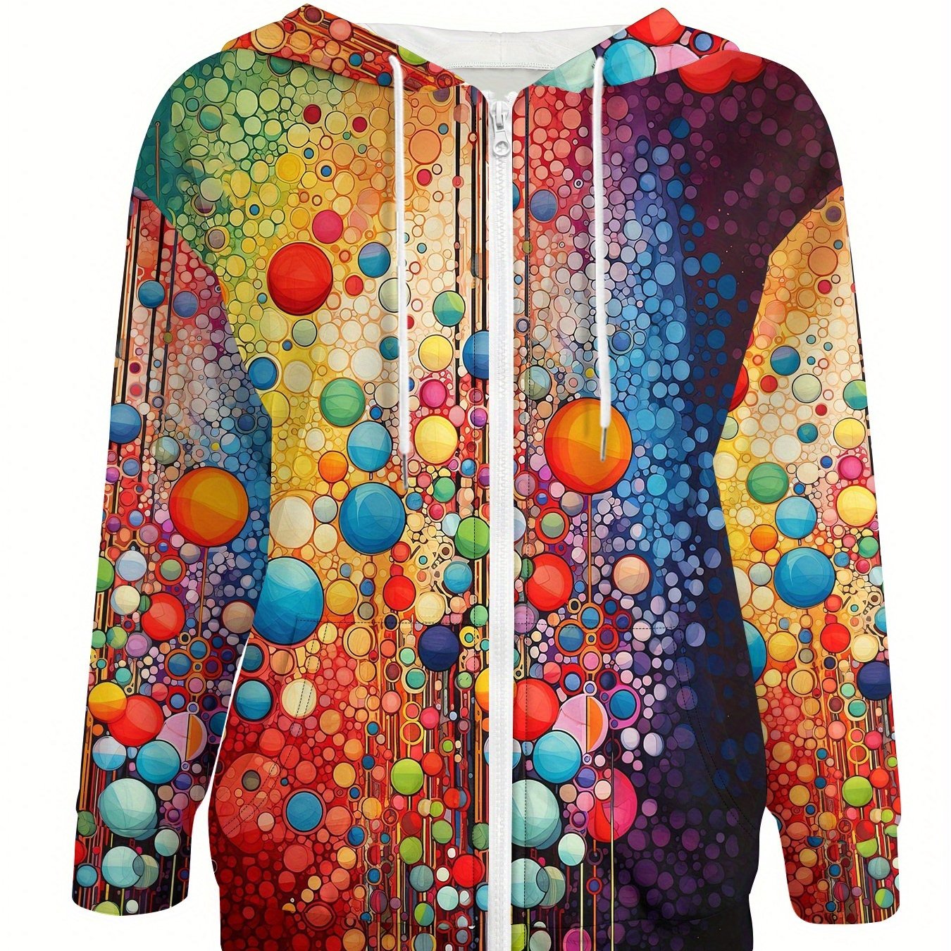 TEMU Plus Size, Women's Elegant Hooded Zip-up Jacket - Purple/orange/blue/pink/red Floral Geometric Pattern - Front Zipper Design, Side Pockets -