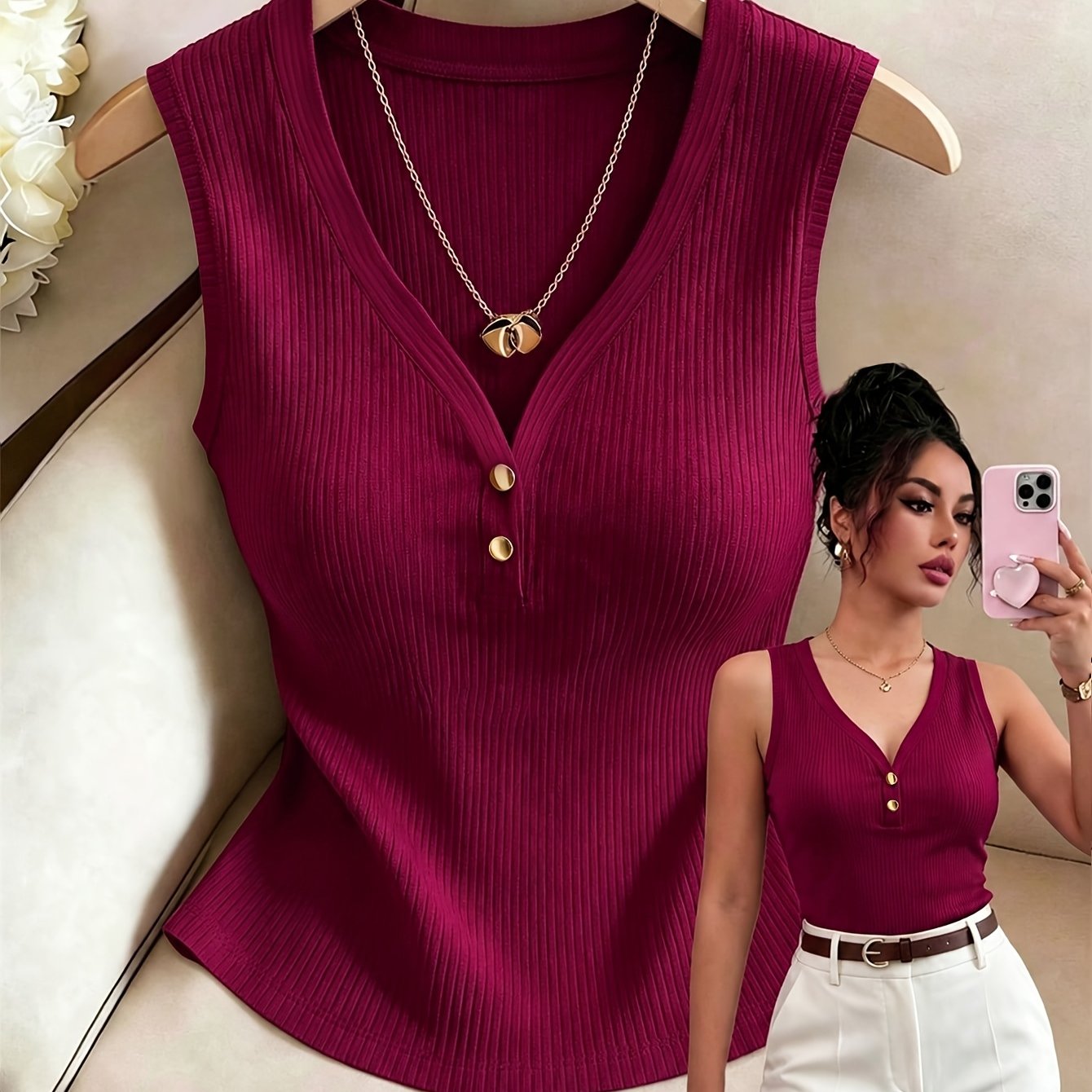 TEMU Women's New Summer Elegant And Fashionable Simple Button-decorated V-neck Solid Color Rib- Sleeveless Tank Top