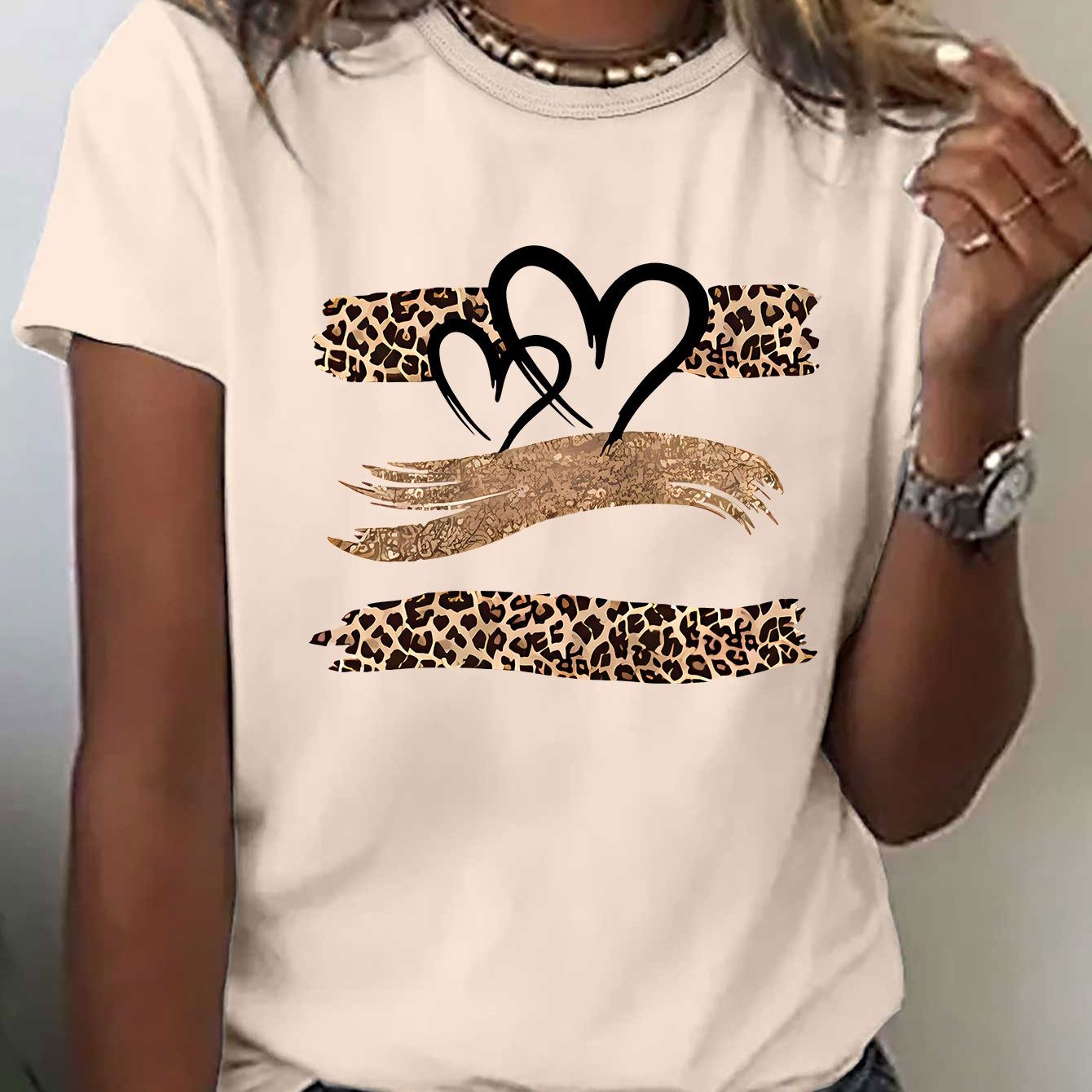 E-shop Muttertags-T-Shirt mit Cartoon-Farbherz-Aufdruck, Sommer- Frühling-Kurzarm-Freizeit-Top mit Rundhalsausschnitt, Damenbekleidung