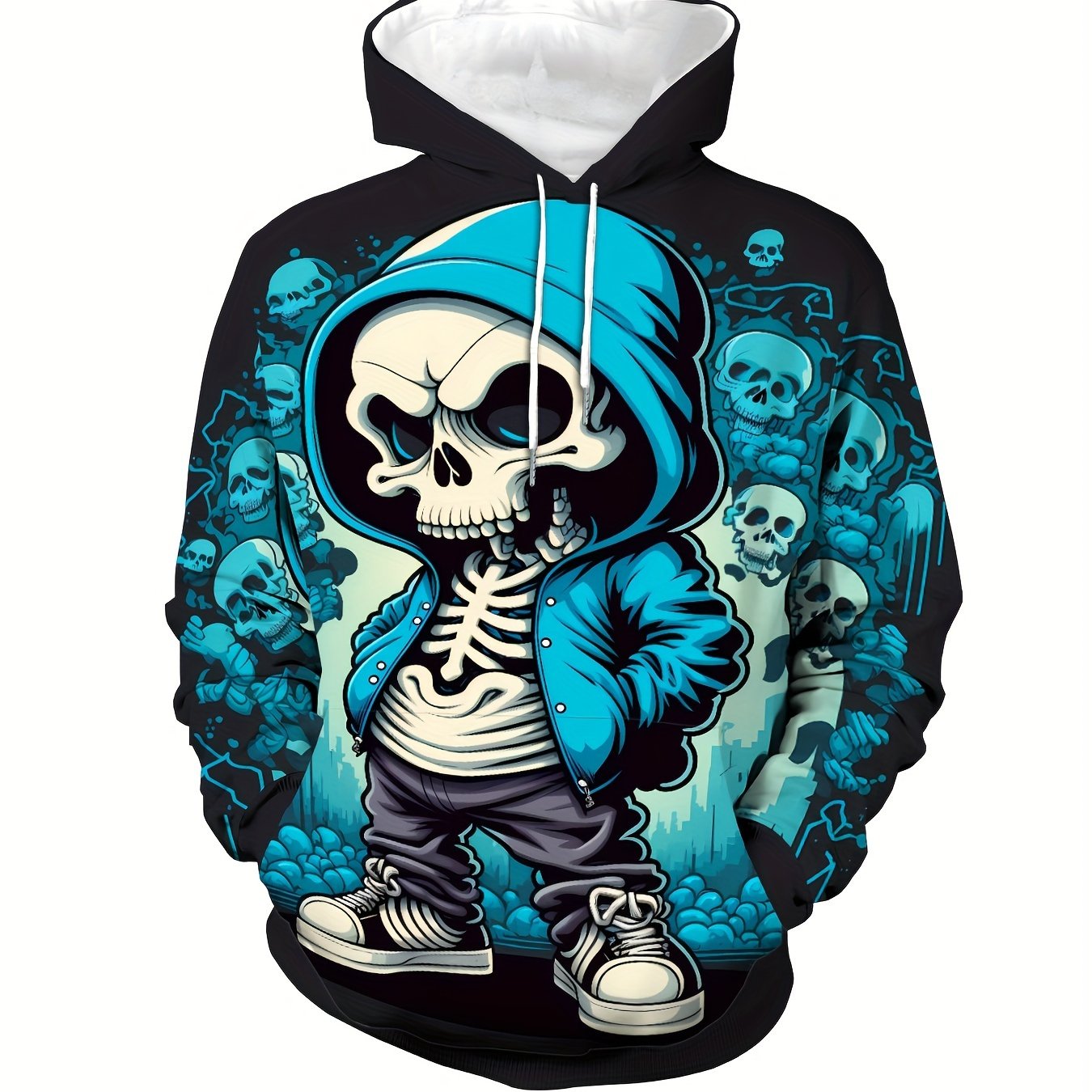 TEMU Men's Large Size Casual Hoodie With Cartoon Skull Print, 3d Printing, Tribal Pattern, Pullover Sweatshirt With Hood